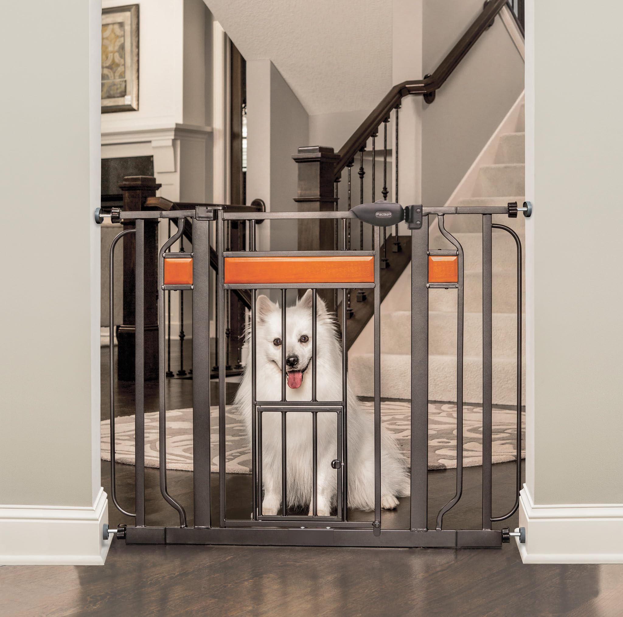 Carlson Home Design Extra Wide Walk Through Pet Gate with Small Pet Door - Includes Décor Hardwood, 4-Inch Extension Kit, Pressure Mount & Wall Mount Kit - Perfect for Stairs, Doorways & Large Pets