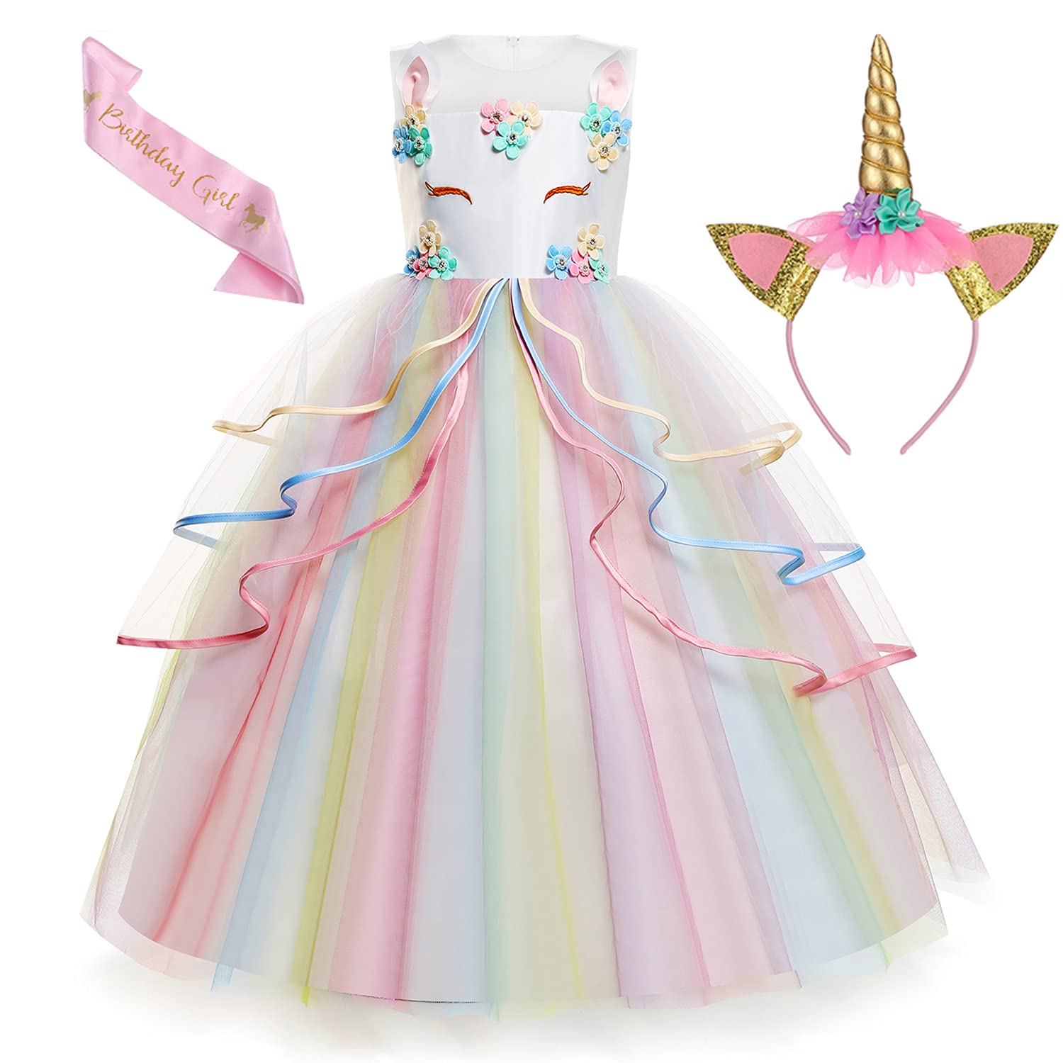 Magical Unicorn Princess Dress for Girls - Sparkly Long Satin Gown with Unicorn Headband | Perfect for Birthday Parties, Pageants, Halloween Costumes & Fantasy Dress-Up Play