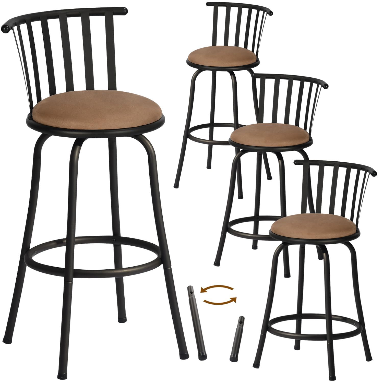 **Adjustable Classic Barstools Set of 4 – Country Style Swivel Bar Chairs with Backrest & Footrest – Counter Height Stools for Kitchen Island, Bistro, Pub & Home Bar – Interchangeable Legs in Brown/Black – Perfect for Dining, Entertaining & Small Spaces**