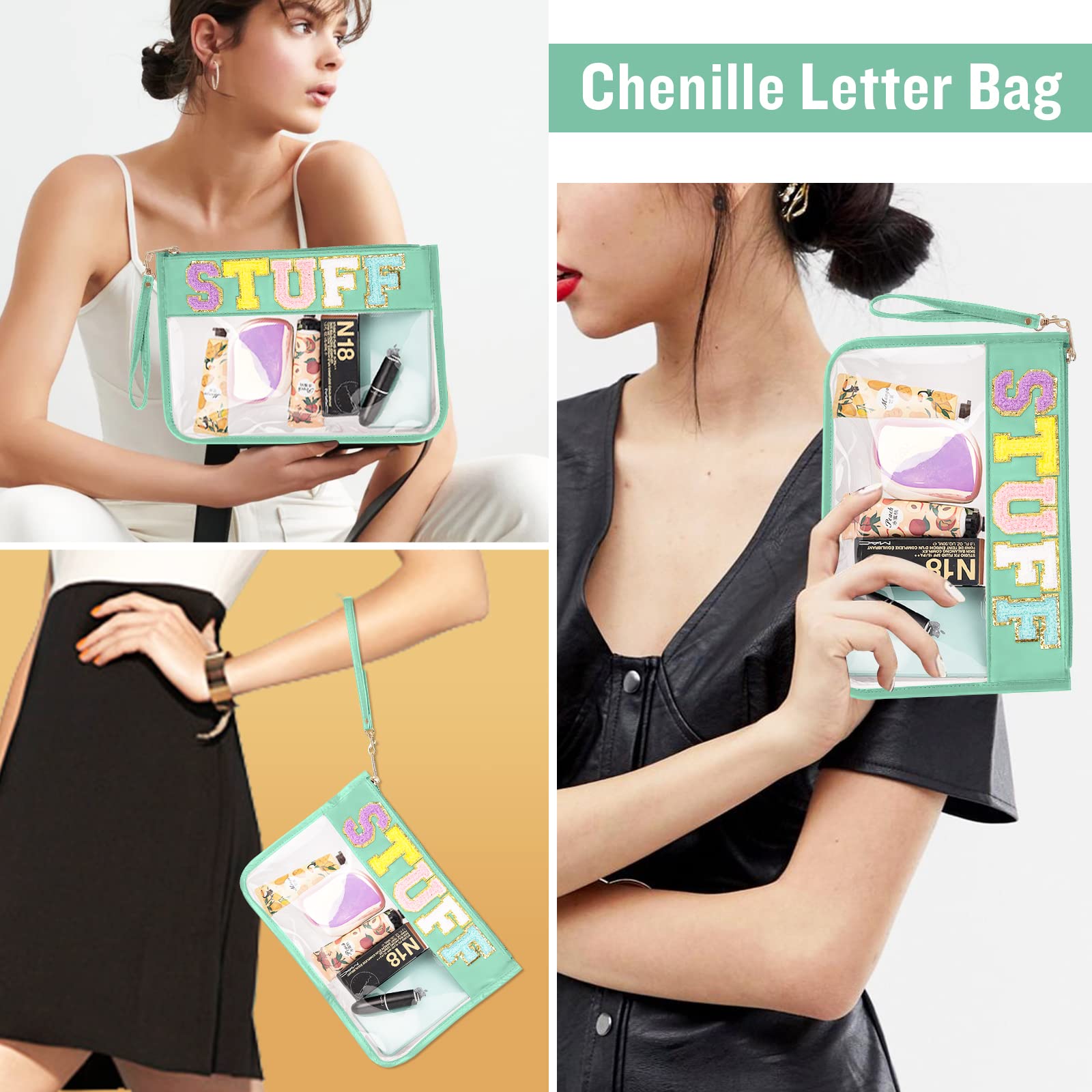 **Chenille Letter Clear Zipper Pouch - Monogram PVC & PU Waterproof Wristlet Clutch for Women & Girls | Glitter Snacks, Makeup, Beach & Toiletry Organizer (STUFF-Green)**    *Perfect for Travel, Gym, Pool Parties & Everyday Essentials Storage*