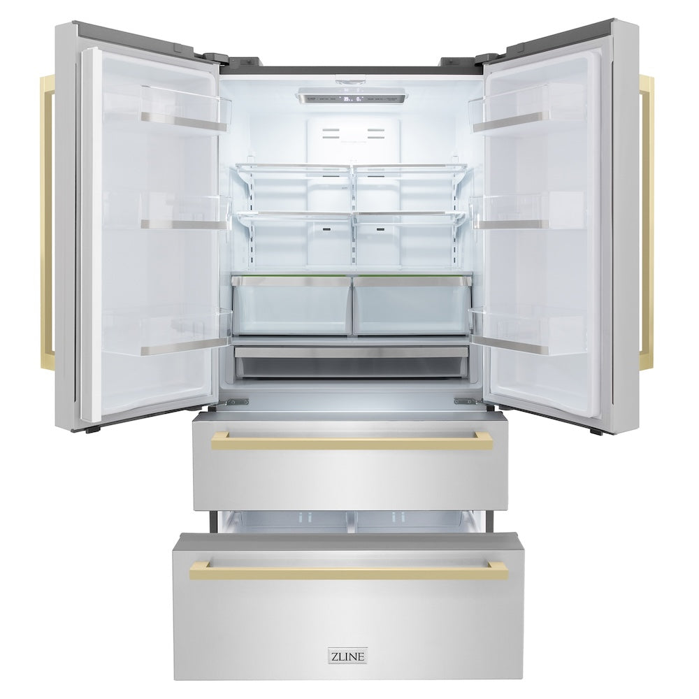 ZLINE Autograph Edition 36 Inch Counter Depth French Door Refrigerator - 22.5 cu ft Capacity with Built-In Ice Maker, Fingerprint Resistant Stainless Steel & Champagne Bronze Handles (RFMZ 36 FCB) - Perfect for Modern Kitchens and Open-Concept Homes