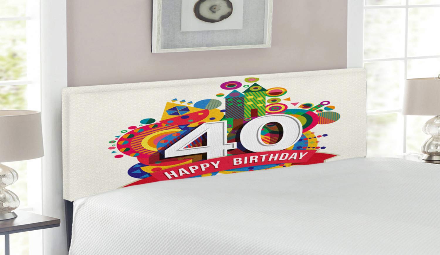 Ambesonne 40th Birthday Headboard - Colorful Cartoon Dots & Banner Print Upholstered Metal Bed Frame with Memory Foam - Queen Size Multicolor Decorative Headboard for Bedroom, Party Decor & Gift Ideas