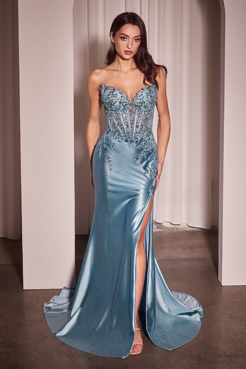 Alexis Light Blue Satin & Lace Strapless Fitted Gown - Elegant Prom, Evening, and Formal Wedding Dress for Special Occasions