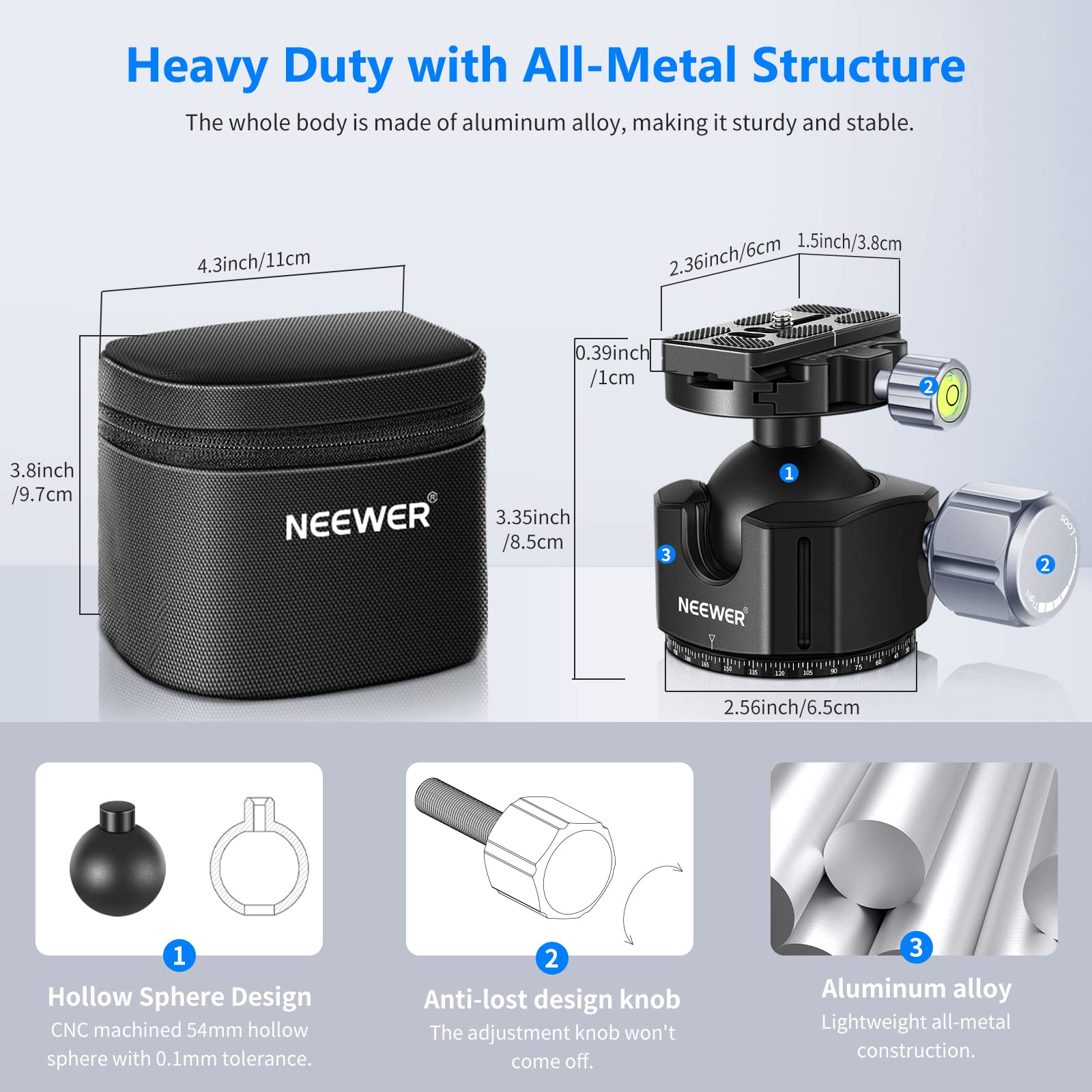 Neewer 44mm All Metal Low Profile DSLR Tripod Ball Head with Quick Release Plate - Heavy Duty 55lb Load for DSLR Cameras, Camcorders, Monopods - Perfect for Travel Photography, Vlogging & Studio Shoots