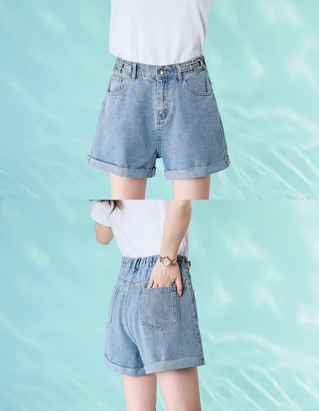 Women's Summer Casual Denim Shorts - Adjustable Elastic Waist, Loose Wide Leg & Rolled Up Hem | Perfect for Beach, Vacation & Everyday Wear