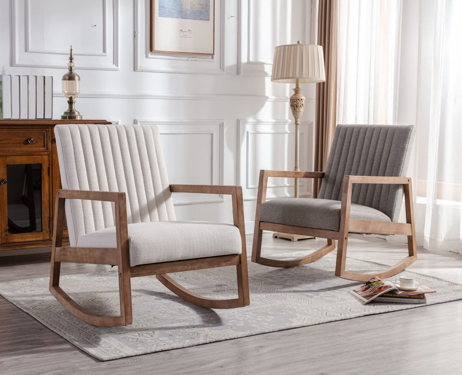 Mid Century Modern Rocking Armchair - Nursery Recliner & Comfy Lounge Chair for Bedroom, Living Room | Linen Beige | Perfect for Relaxing, Nursing & Reading Nook