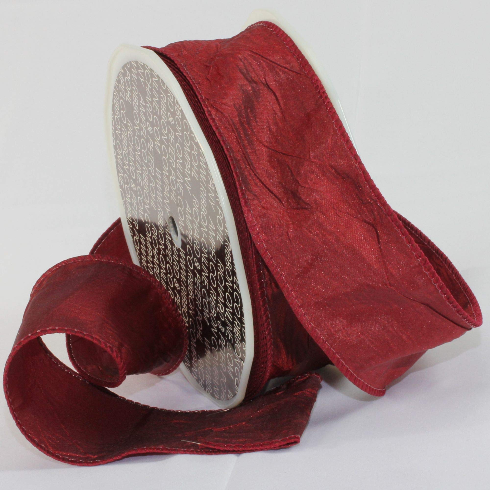 Bordeaux Red Crinkled Satin Silk Wired Craft Ribbon - 2 Inch x 27 Yards for Gift Wrapping, Wedding Decorations, DIY Crafts, Floral Arrangements and Party Decor