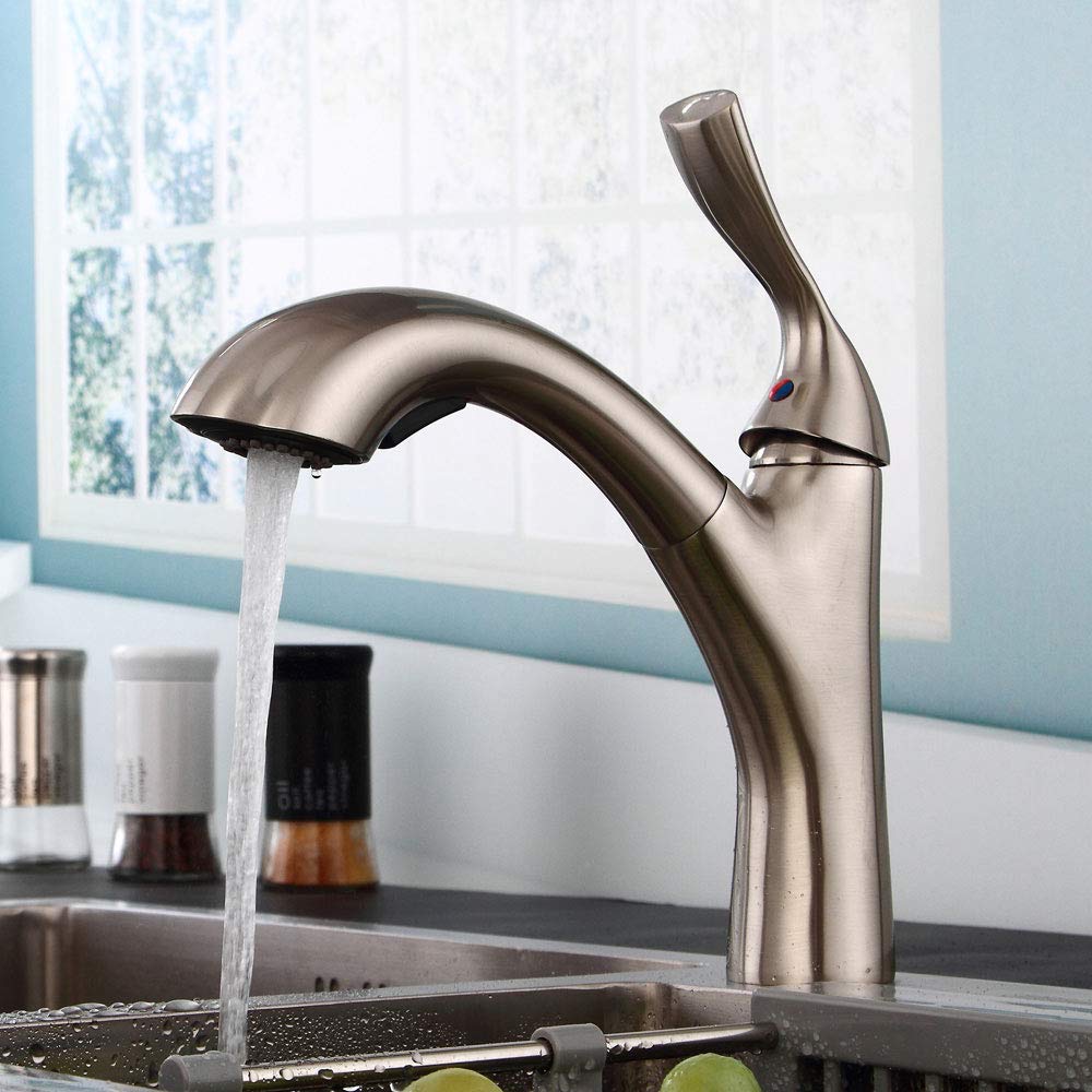 OMOONS Commercial Pull Out Kitchen Faucet - Brushed Nickel Bar & Farmhouse Sink Mixer Tap with Sprayer - Ideal for Restaurants, Home Kitchens & Vanity Sinks