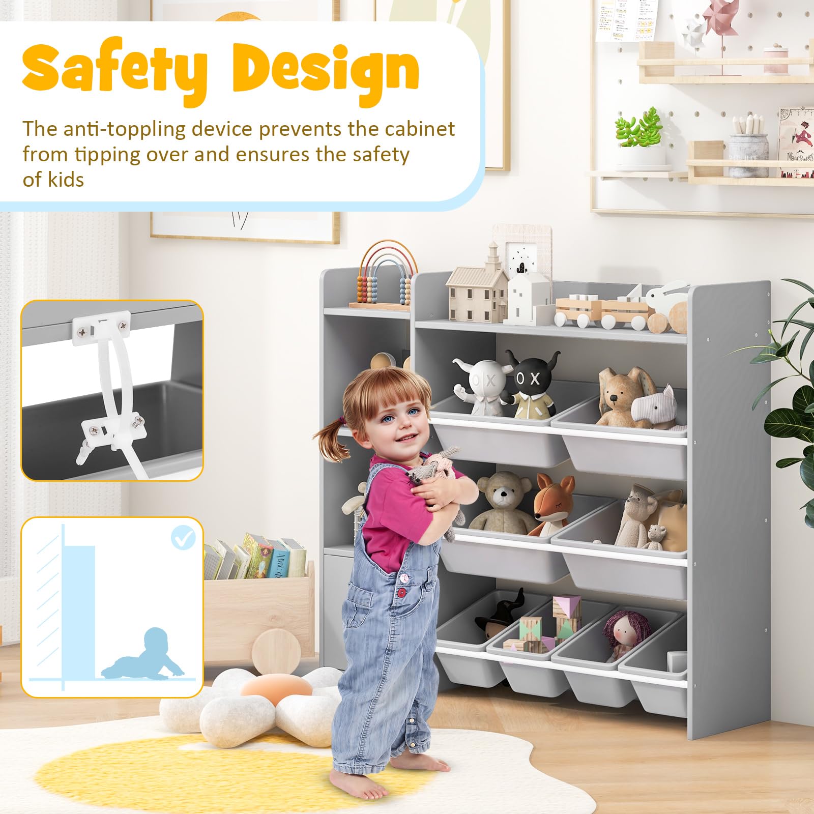 Costzon 4-Tier Kids Bookshelf with 8 Toy Bins - Montessori Toy Storage Organizer with Large Cabinet - Toddler Bookcase for Playroom, Nursery & Daycare - Perfect for Organizing Toys, Books & Learning Materials (Grey)