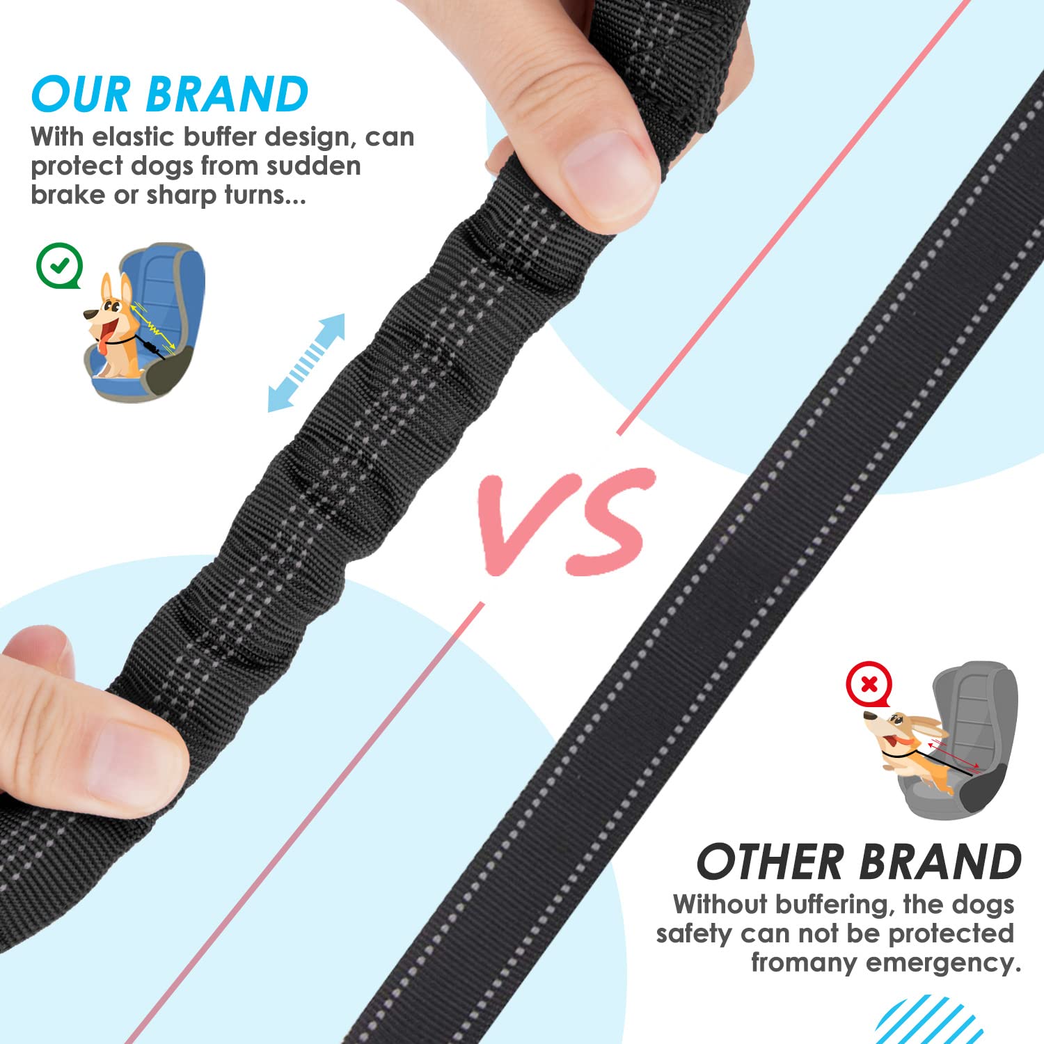 SlowTon Adjustable Double Dog Seat Belt - Y-Shape No Tangle Pet Car Harness with Elastic Bungee & Reflective Safety Leash for Vehicle Travel | Perfect for Road Trips with Two Dogs (Black, Medium)