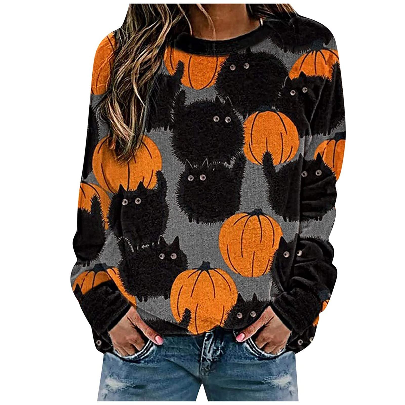 Halloween Shirts for Women - Long Sleeve Crewneck Sweatshirt & Oversized Graphic Tee | Trendy Y2K Fashion for Parties, Costumes & Casual Wear