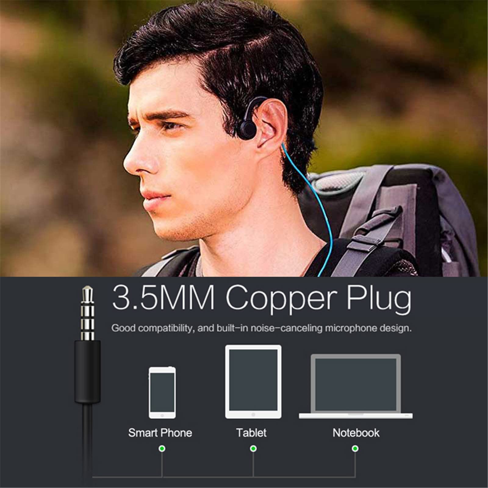 Bone Conduction Wired Headphones with Noise Cancelling Mic - 3.5mm Jack Sweatproof Sport Earphones for Running, Cycling & Workout - Comfortable Open-Ear Design for Outdoor Activities & Gym Training (Black)