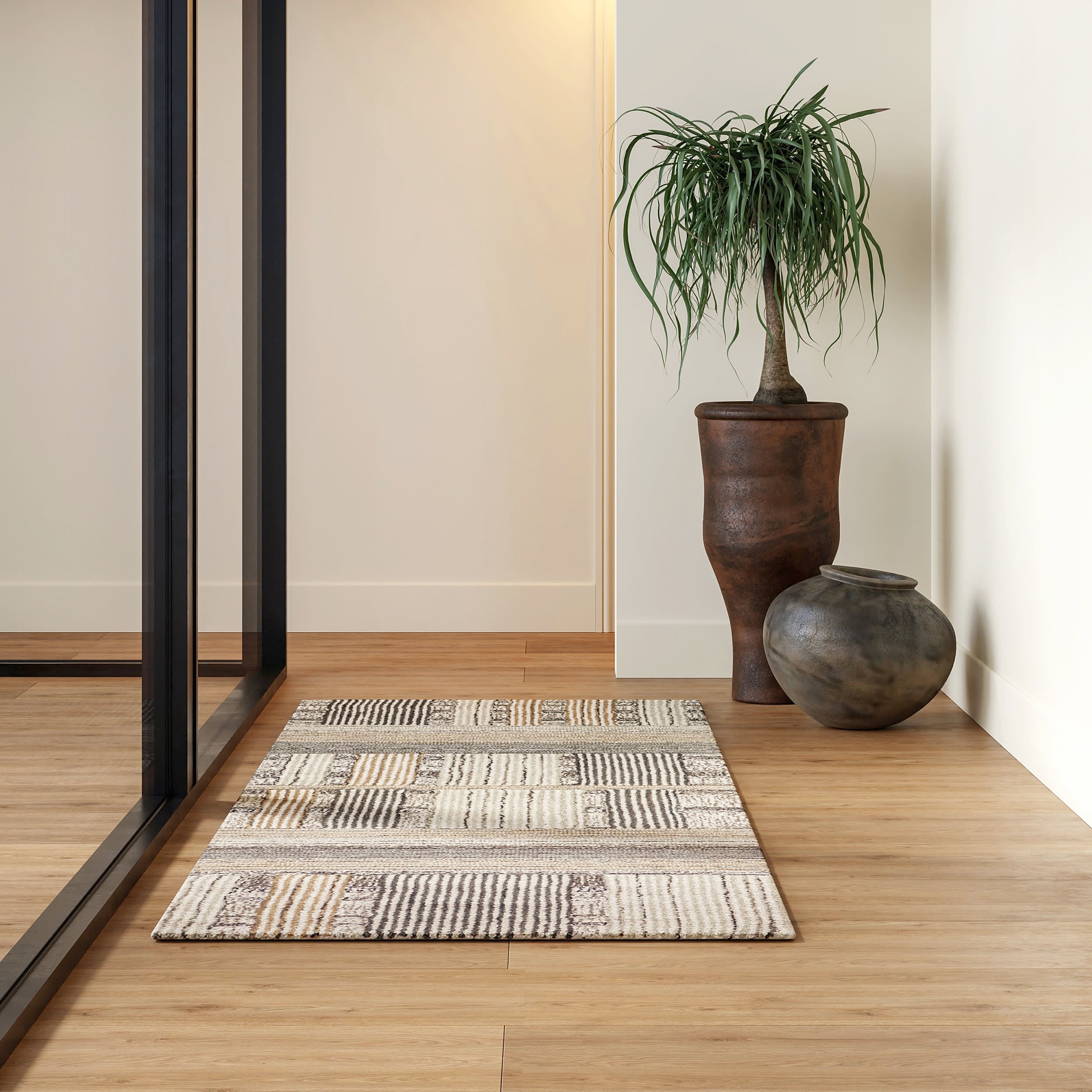 Deco Striped Tile Rug - Soft Non-Slip Area Rug for Living Room, Bedroom, Kitchen - Beige Home Decor Carpet for Boho Style Interior Design