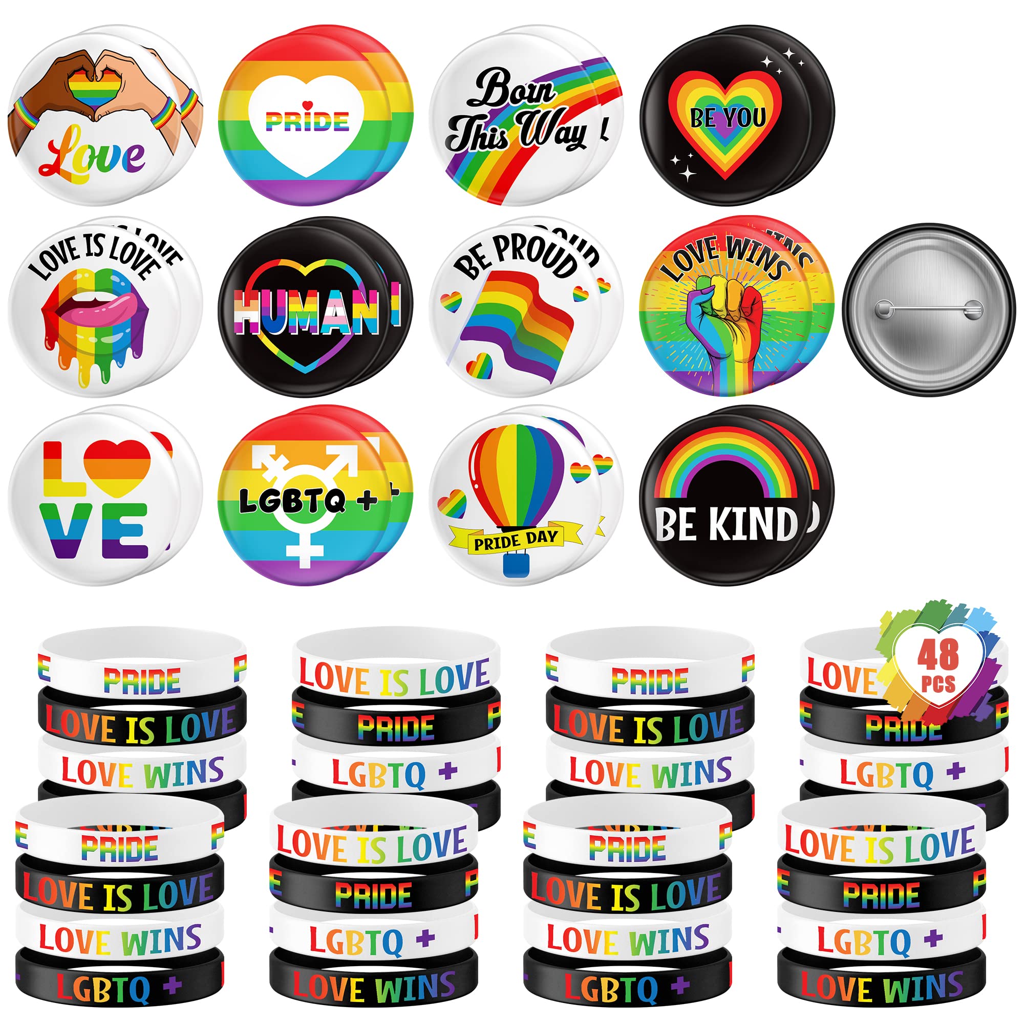 48 PCS Pride Accessories Set - 24 Rainbow Silicone Wristbands & Love Wins Button Pins - LGBTQ+ Pride Decorations for Gay, Lesbian, Bisexual, Transgender - Perfect for Pride Parades, Festivals, Parties and LGBTQ+ Events