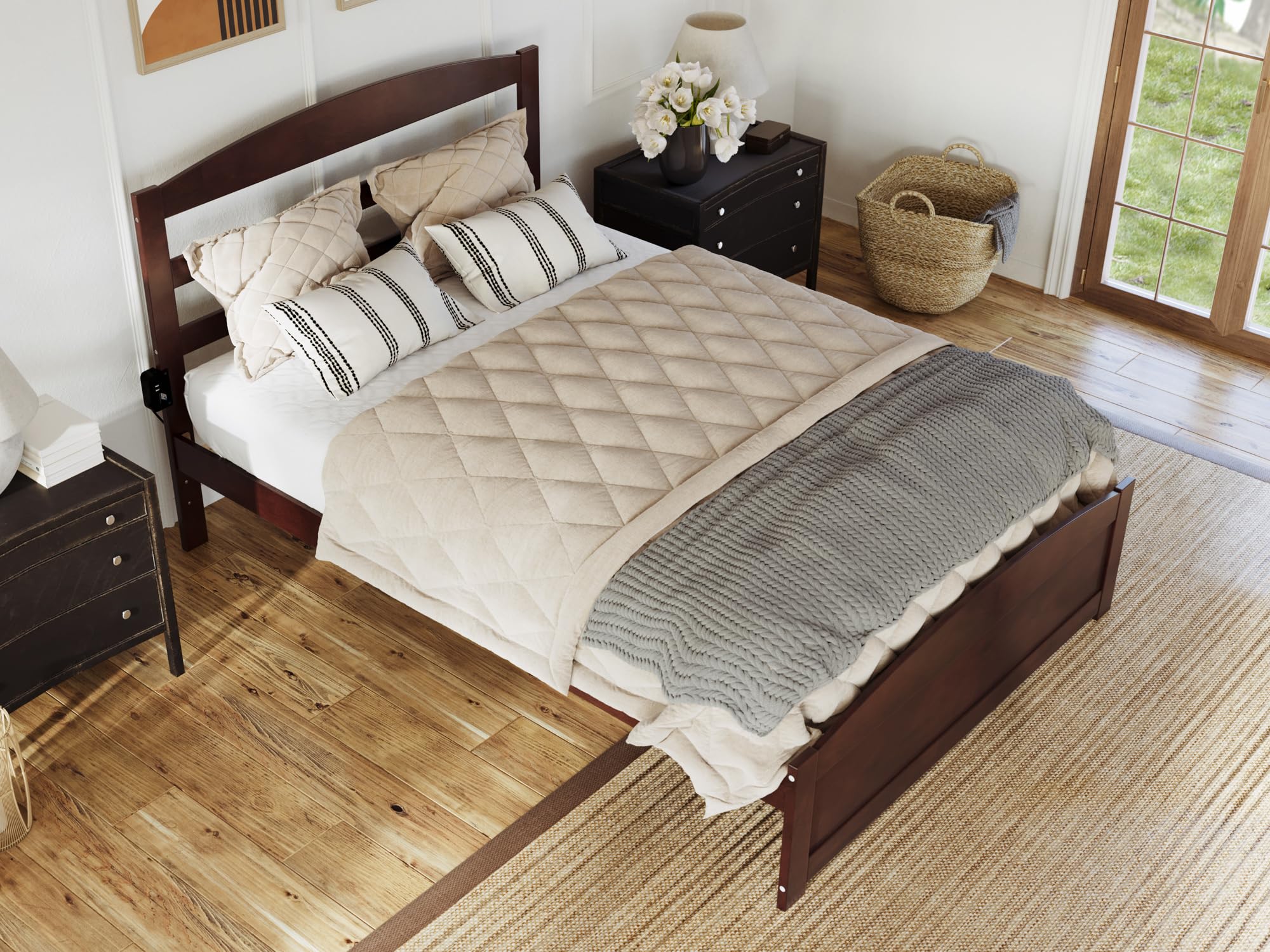 AFI Warren Queen Size Platform Bed with Footboard & USB Charging Station - Solid Walnut Wood Frame for Modern Bedroom, Guest Room or Master Suite