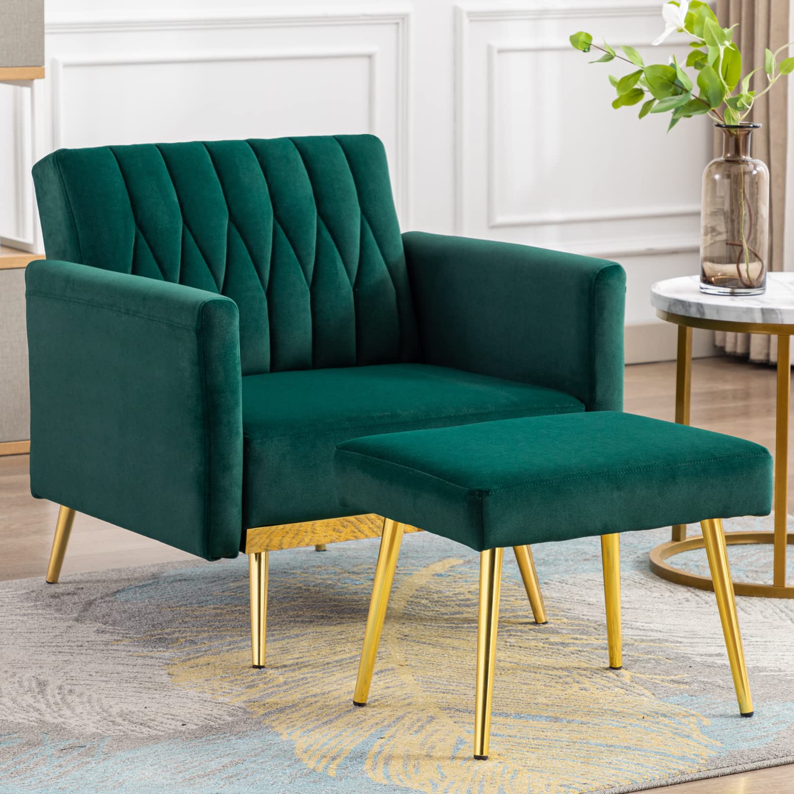 Modern Velvet Single Sofa Chair with Ottoman - Adjustable Armrests for Living Room, Bedroom & Office