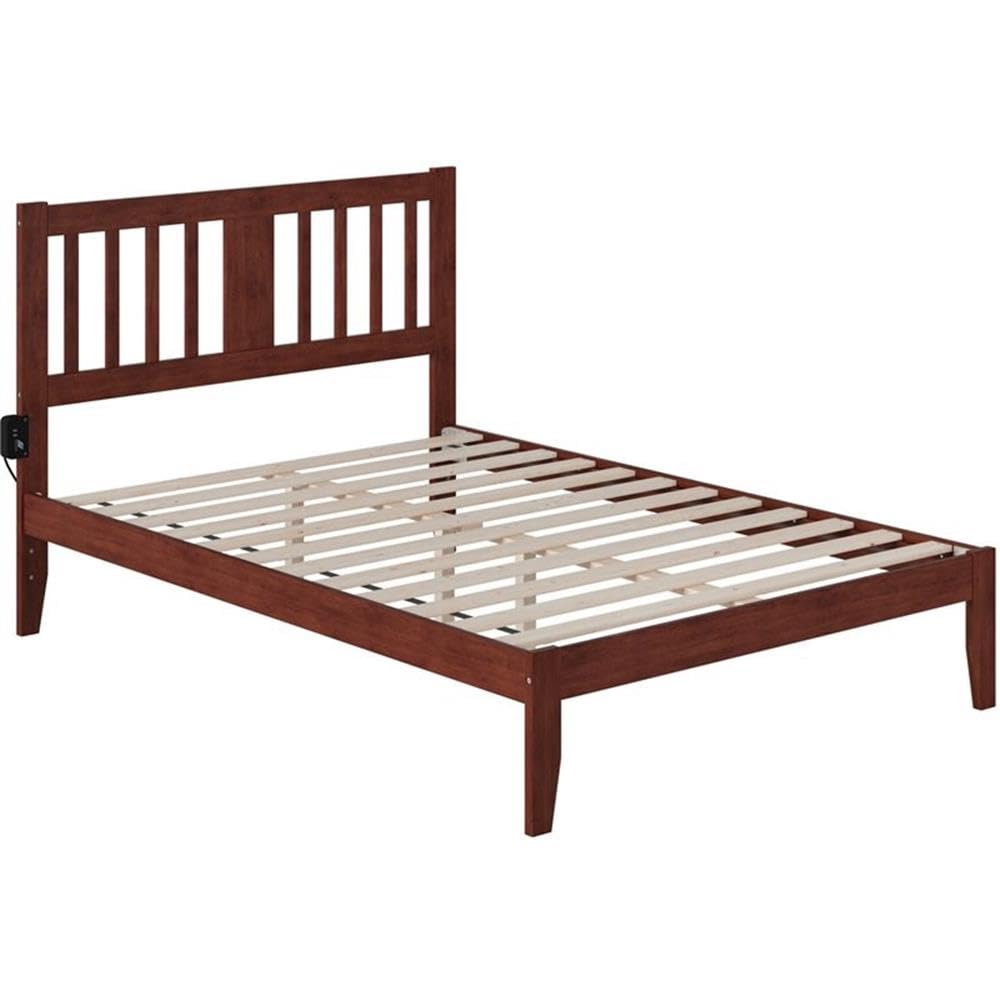 BOWERY HILL Traditional Solid Wood Full Size Spindle Bed Frame with USB Turbo Charger - Walnut Finish for Bedroom, Guest Room & Dormitory