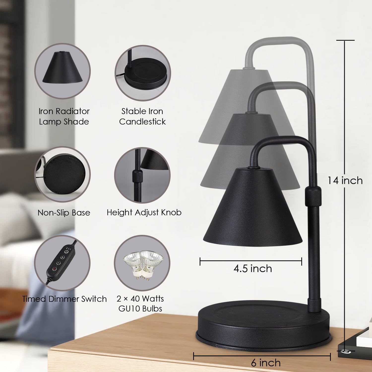 Dimmable Electric Candle Warmer Lamp with Timer & Adjustable Height - 2 Bulbs Included - Large Jar Candle Wax Warmer - Perfect for Home Decor, Romantic Ambiance & Gifts for Mom (Black)