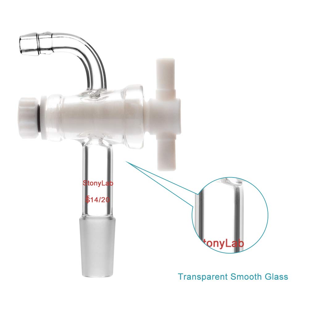 StonyLab PTFE Vacuum Flow Control Adapter with 14/20 Joint & Bent Hose Connector - Laboratory Glassware Accessory for Chemistry Experiments & Distillation Setups