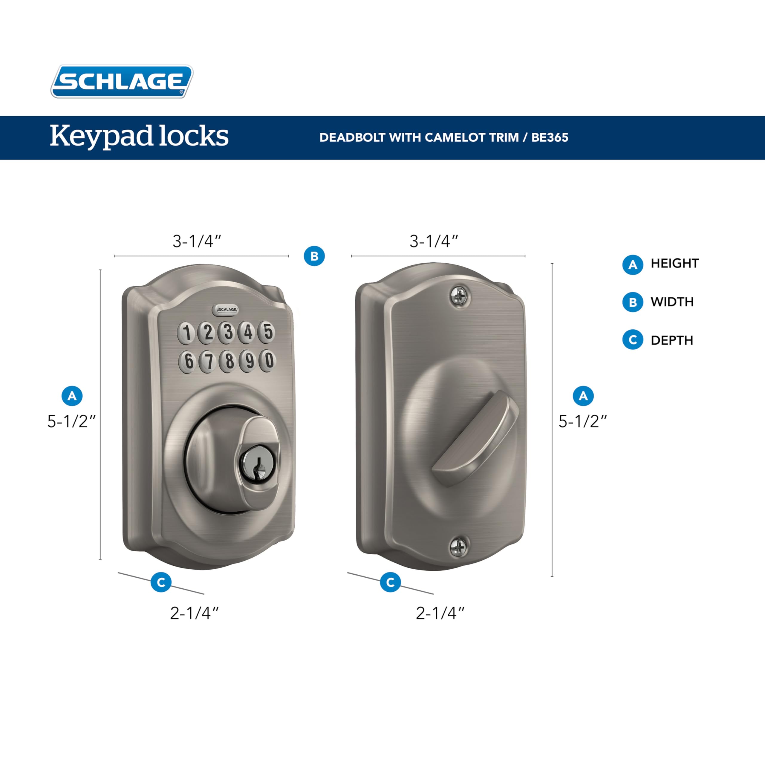Schlage BE365V CAM 619 Camelot Keyless Entry Deadbolt Lock - Electronic Keypad Door Lock with Satin Nickel Finish | Secure Home & Office Entry Solution