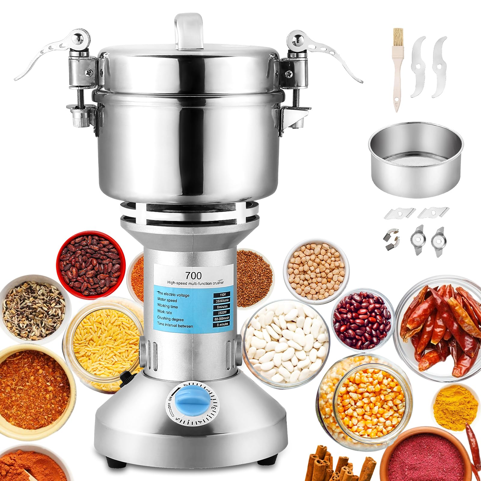 700g High-Speed Electric Grain Mill Grinder - 2500W Commercial Grade Stainless Steel Spice & Coffee Grinder - 35000 RPM, 60-350 Mesh for Kitchen, Herb, Pepper, Coffee - Perfect for Home Bakeries, Coffee Shops & Commercial Kitchens