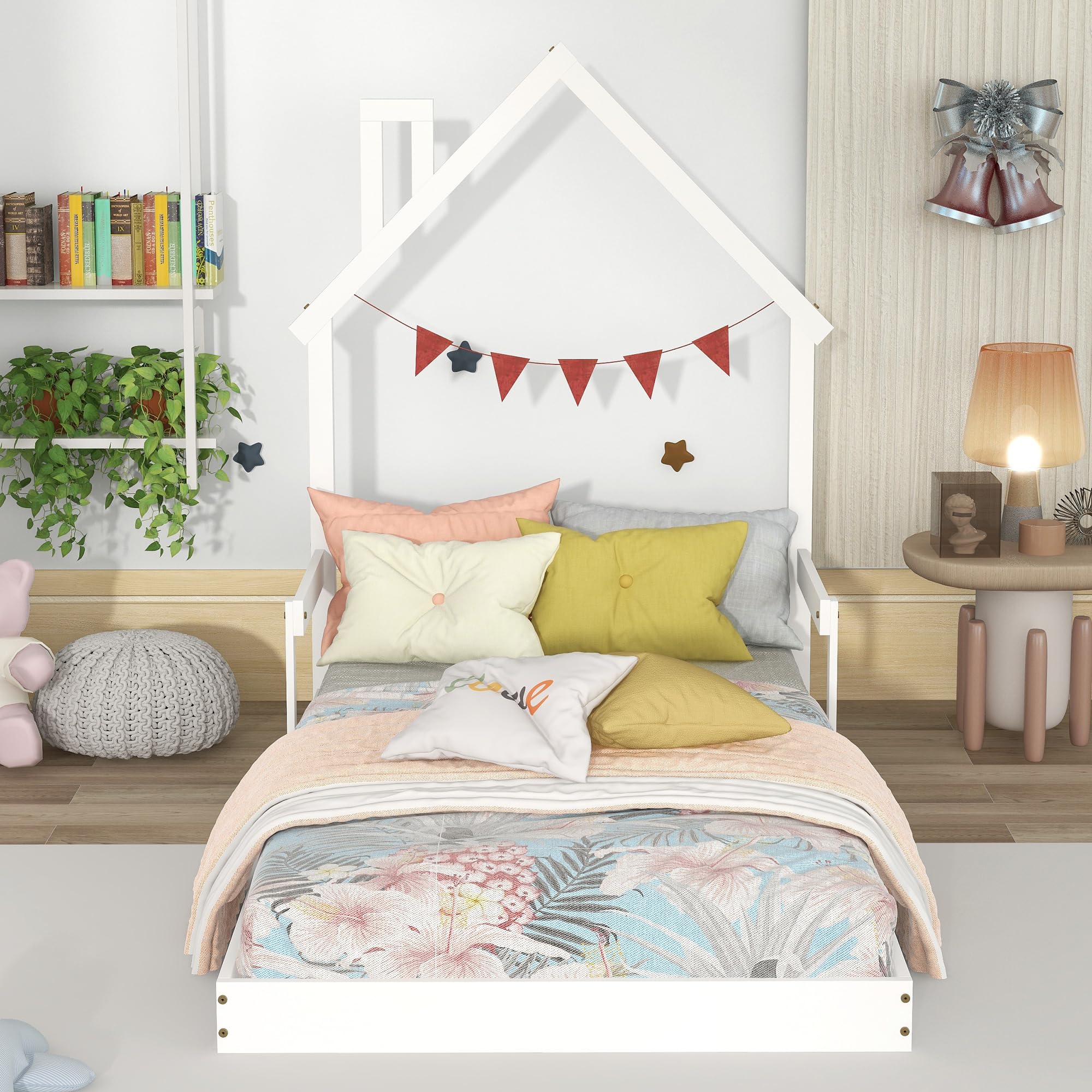 Bellemave Twin Size House-Shaped Headboard Floor Bed for Kids - Montessori Wooden House Bed with Safety Handrails & Slats - Perfect for Girls & Boys Bedrooms (Twin, White) - Ideal for Montessori Rooms, Playrooms & Kids' Bedrooms