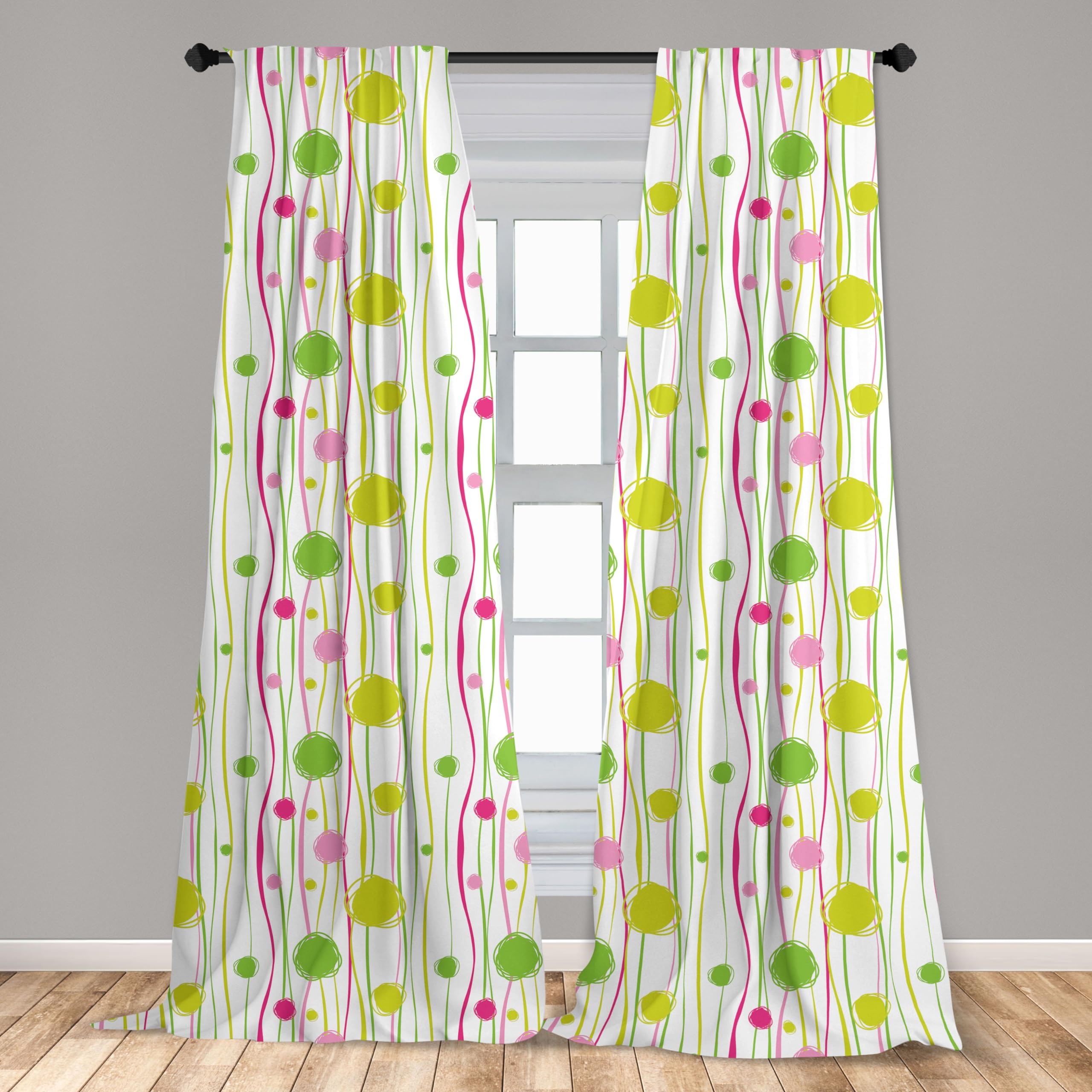 Ambesonne Bohemian Style Green & Pink Window Curtains - Doodle Wavy Stripes & Polka Dot Design - Lightweight Blackout Curtains for Living Room & Bedroom - 2 Panel Set with Rod Pocket - 28