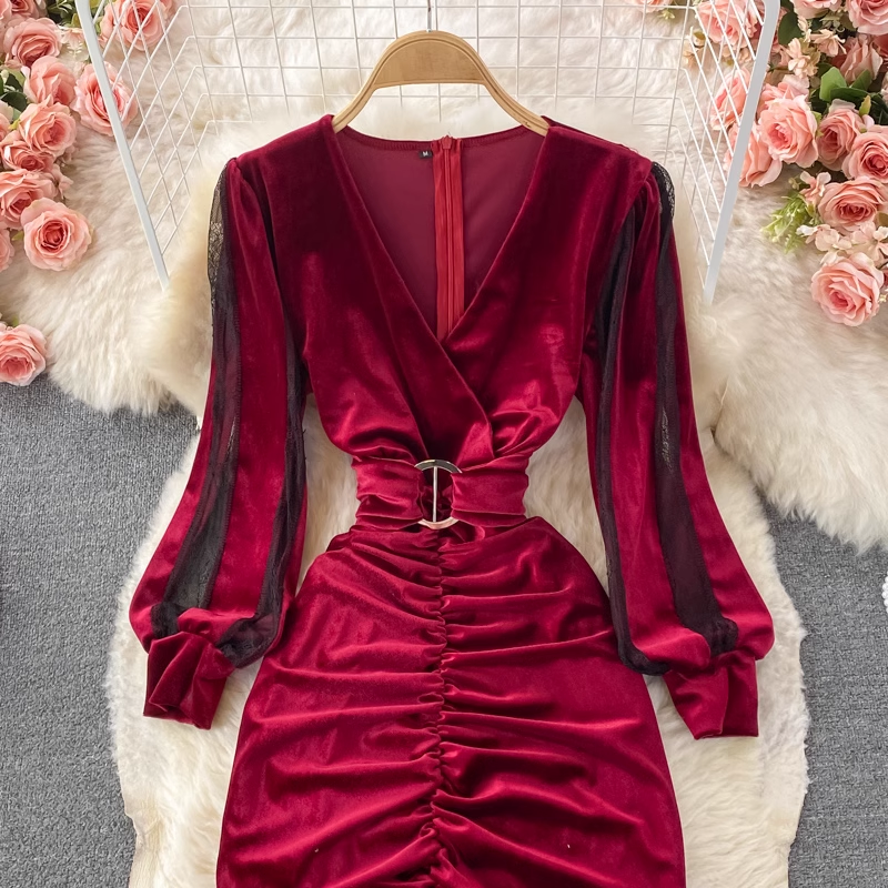 Sexy V-Neck Velvet Slit Dress for Women - Elegant Winter & Fall Evening Gown for Parties, Date Nights & Special Occasions