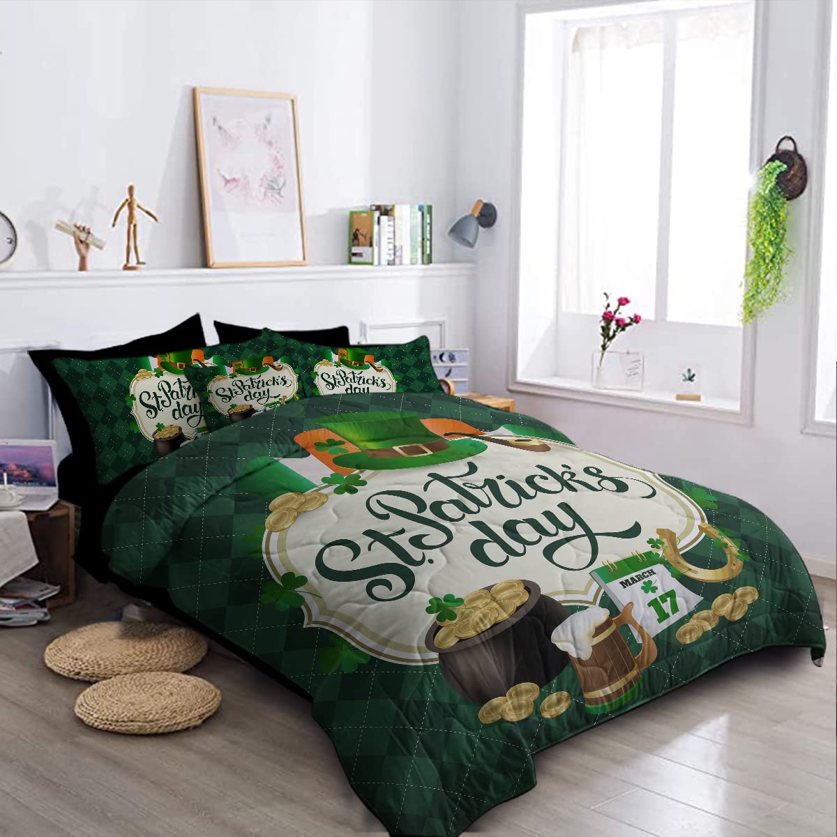 BlessLiving St. Patrick's Day 8-Piece King Comforter Set - Green Irish Plaid Bedding with Comforter, Pillow Shams, Sheets & Cushion Cover | Perfect for Irish-Themed Bedrooms, Holiday Decor & Shamrock Celebrations