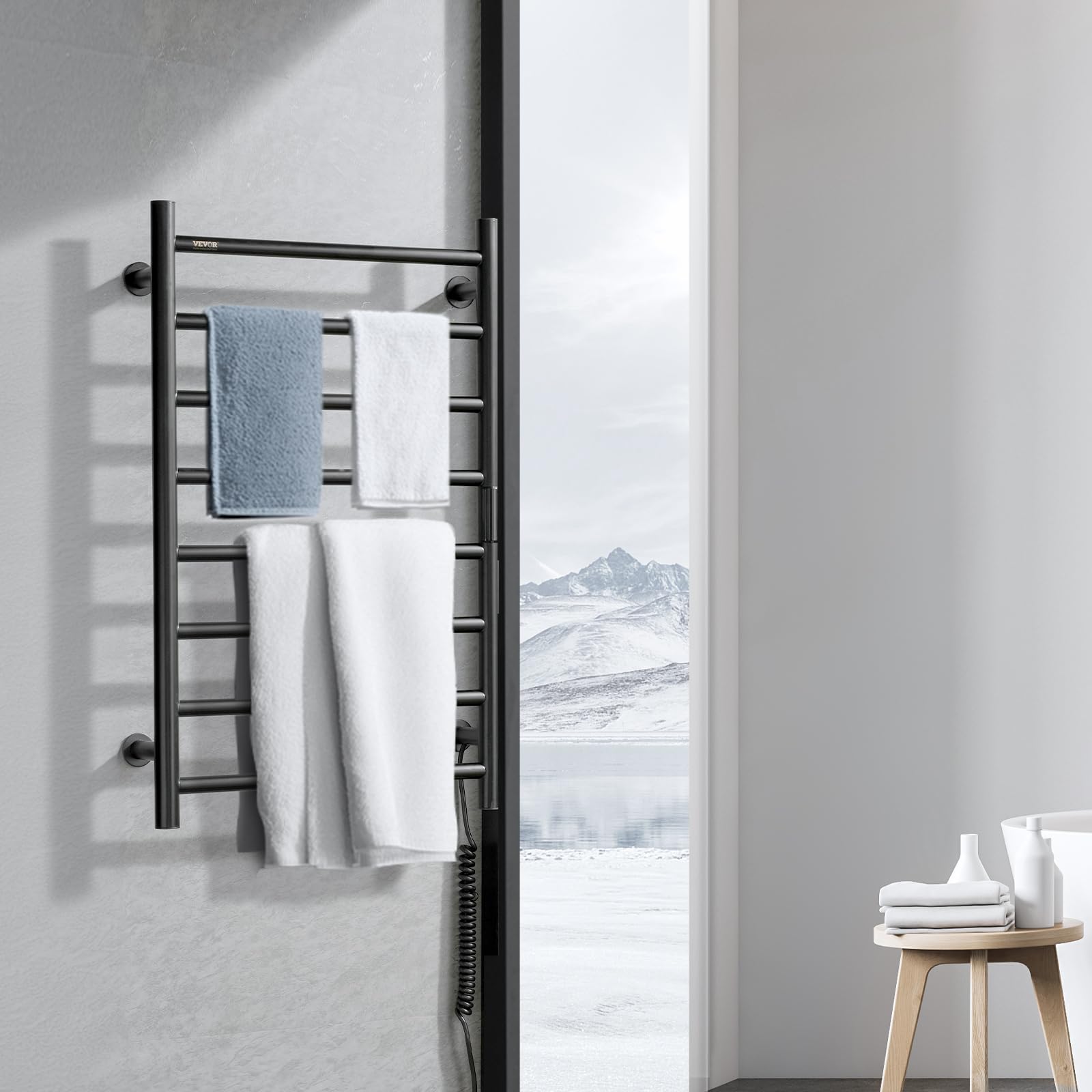 VEVOR 8-Bar Wall Mounted Heated Towel Rack for Bathroom - IPX5 Waterproof Towel Warmer with Timer, LED Display & 5 Adjustable Temperature Settings - Perfect for Spa, Luxury Hotels & Home Bathroom (Black)