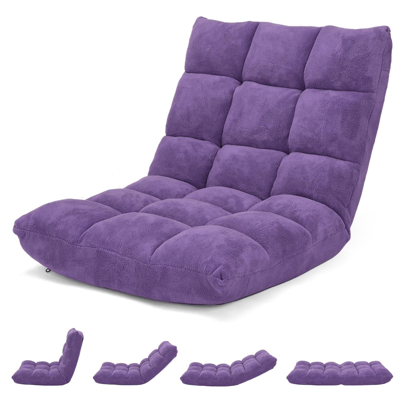 Adjustable Floor Chair with Back Support - 14 Position Recliner, Padded Sleeper Sofa for Adults - Foldable Living Room Seating & Bed Couch - Perfect for Meditation, Gaming, Reading & Small Space Living (Purple)