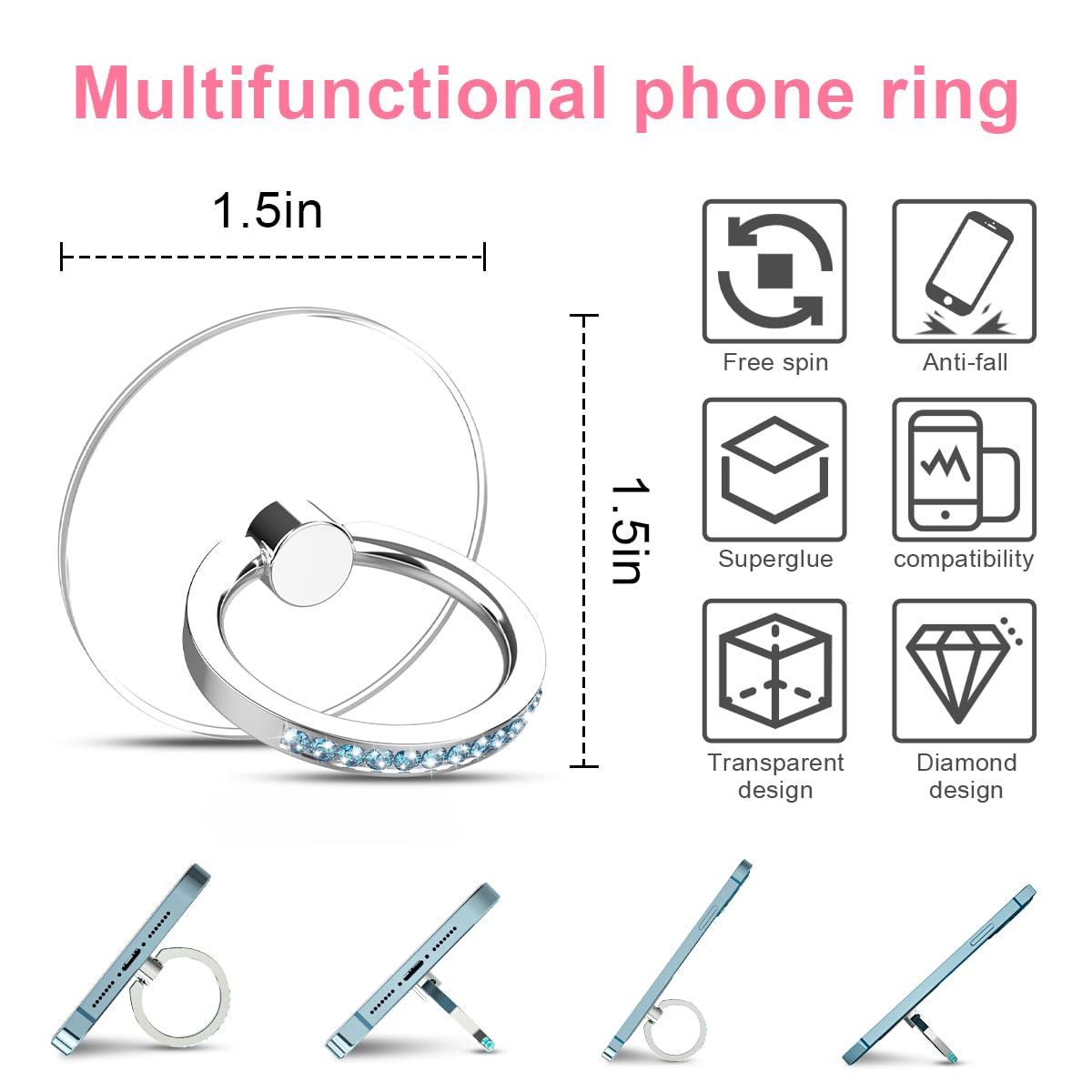 360° Rotating Diamond Clear Phone Ring Holder Stand - Compatible with iPhone 14/13/12/11 Pro Max, Samsung Galaxy - 2 Silver + 2 Lake Blue - Perfect for Hands-Free Viewing, Selfies & Secure Grip