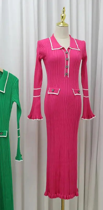 Autumn 2024 Women's Fashion Long Sleeve Single Breasted Patchwork Knit Dress - Elegant Office Wear & Business Casual Dress for Work, Meetings, and Professional Events