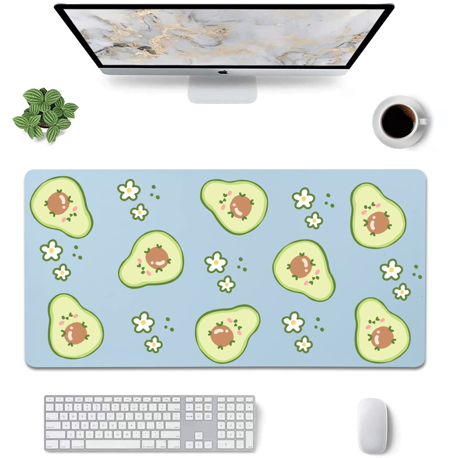 Stylish Blue & Avocado Blossom Pattern Desk Mat - Large 23.6''x11.8'' Dual Use Mouse Pad & Writing Surface for Office, Home, Gaming - Perfect for Women, Men, Girls & Boys Workspace Setup