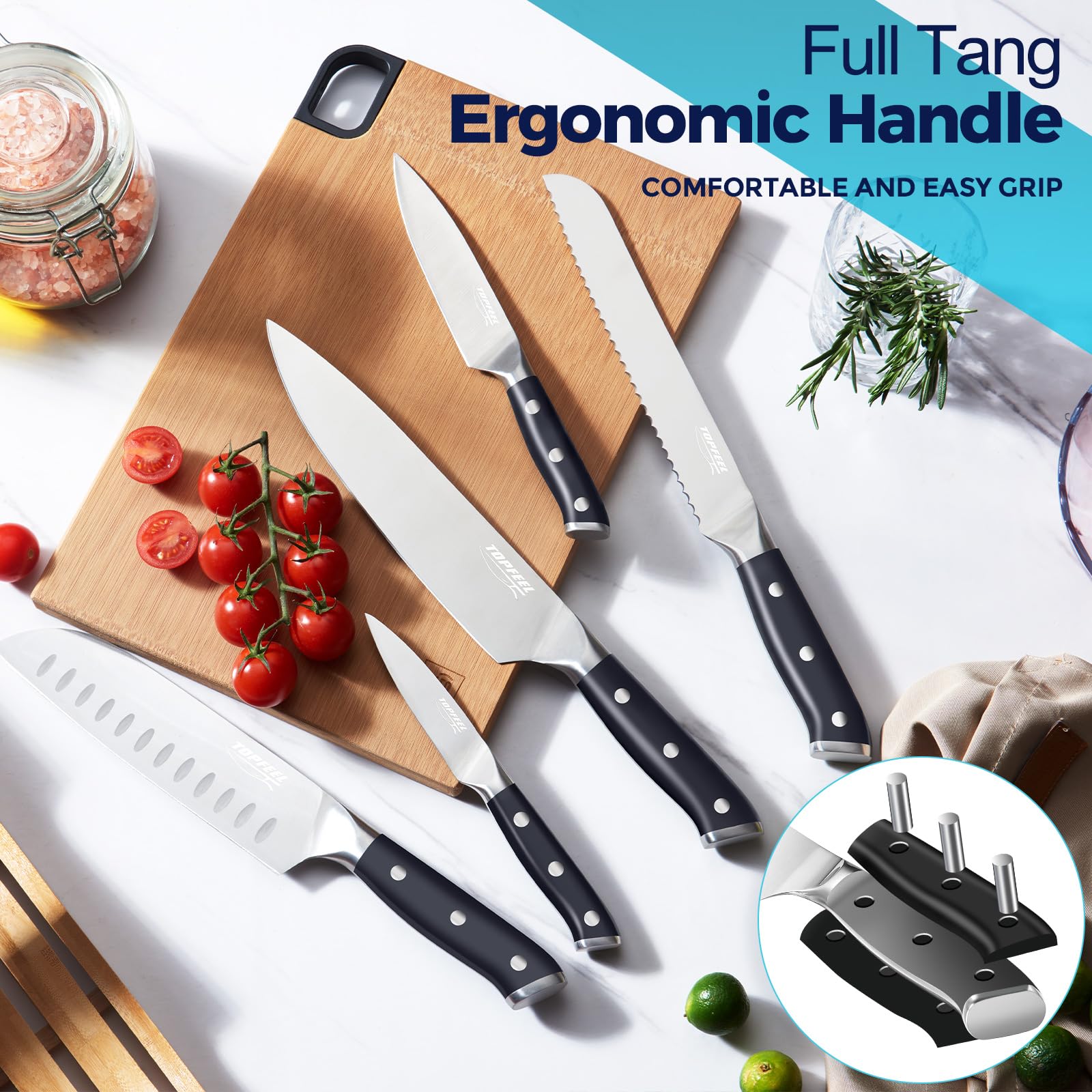 6Pcs Premium German High Carbon Stainless Steel Kitchen Knife Set - 3.5 to 8 Inch Sharp Chef Knives with Ergonomic Handle & Bamboo In-Drawer Organizer - Perfect for Home Cooking, Meat Cutting, Vegetable Chopping and Professional Kitchen Use