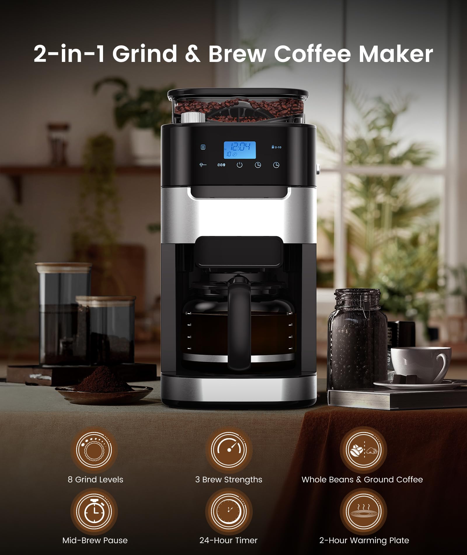 COWSAR 10-Cup Programmable Coffee Maker with Built-In Grinder - Adjustable Grind & Brew, 50oz Water Tank, Keep Warm Plate - Perfect for Home, Office & Daily Morning Routine - Black