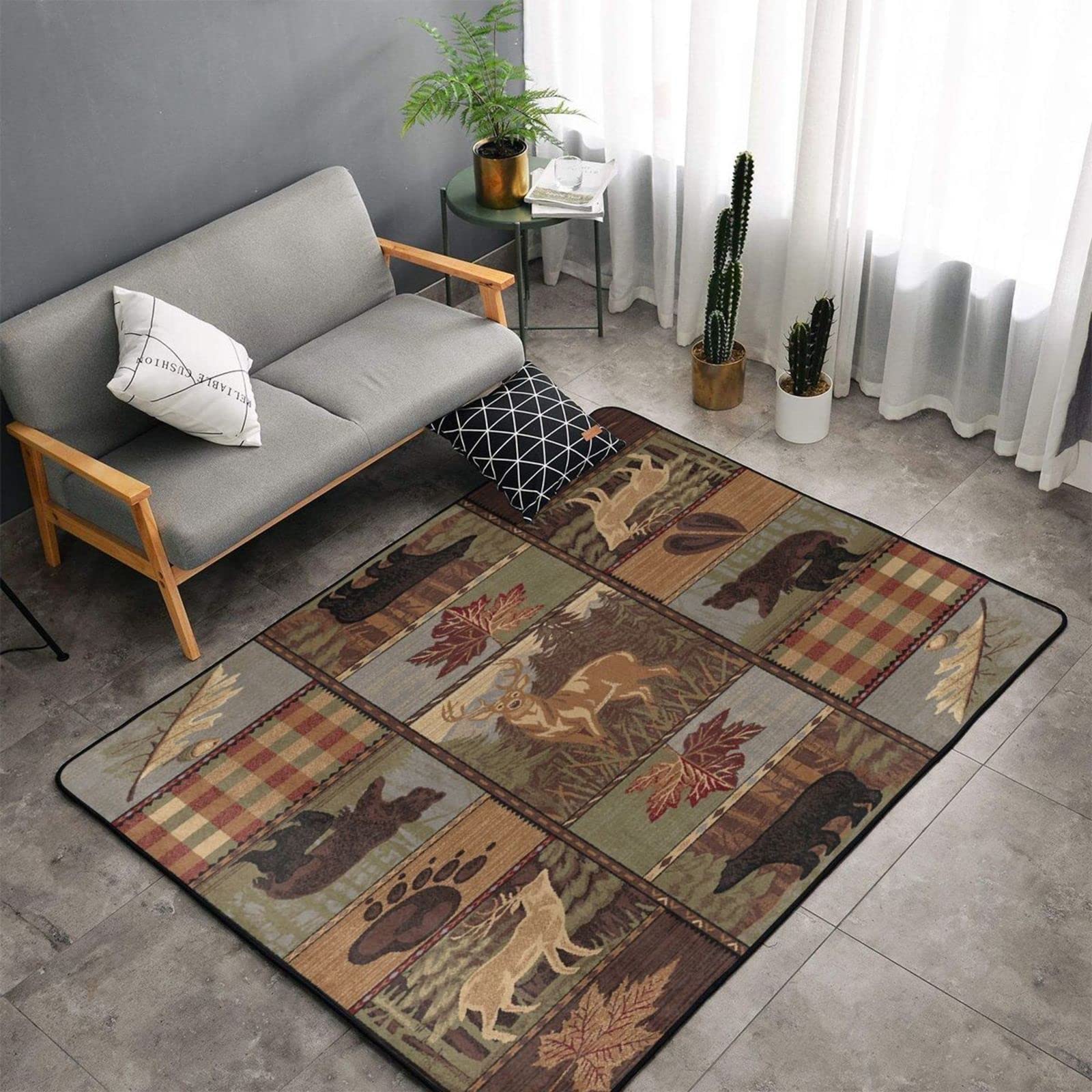 Rustic Cabin Area Rug with Wildlife Bear Moose Deer Design - Soft Washable Carpet for Nursery, Bedroom & Living Room - 6' x 4' Country Style Rug for Boys & Girls - Perfect for Cozy Cabins, Kids Rooms & Home Decor