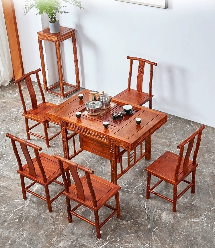 Premium African Rosewood Tea Table Set - Handcrafted Wooden Coffee Table with Matching Stools for Living Room, Patio, or Garden Decor