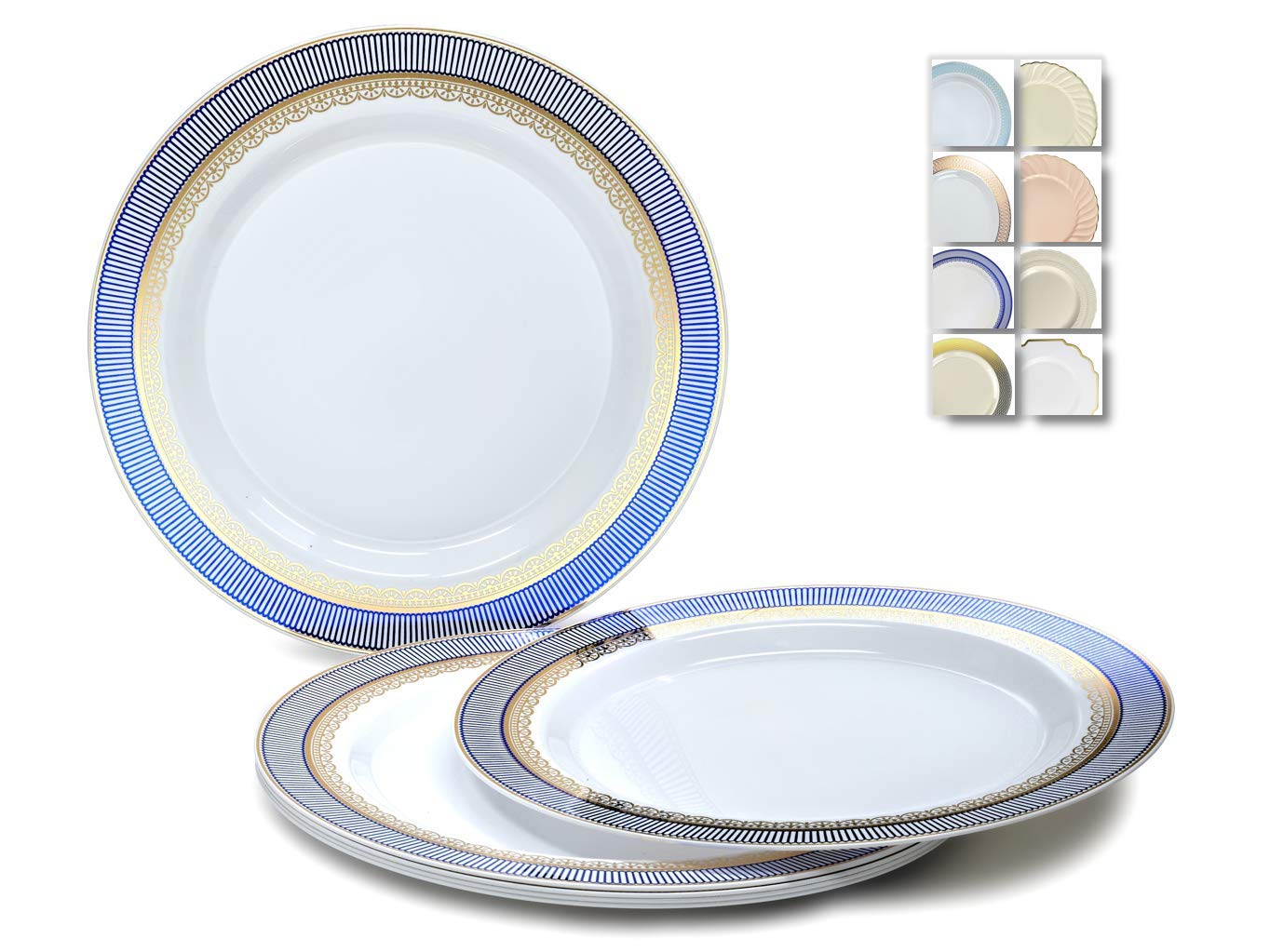 60-Pack Heavyweight Disposable Plastic Plates for Weddings & Parties - 7.5'' Appetizer/Dessert Plates in Elegant Louvre White/Blue & Gold Design | Perfect for Catering, Birthday Celebrations & Formal Events