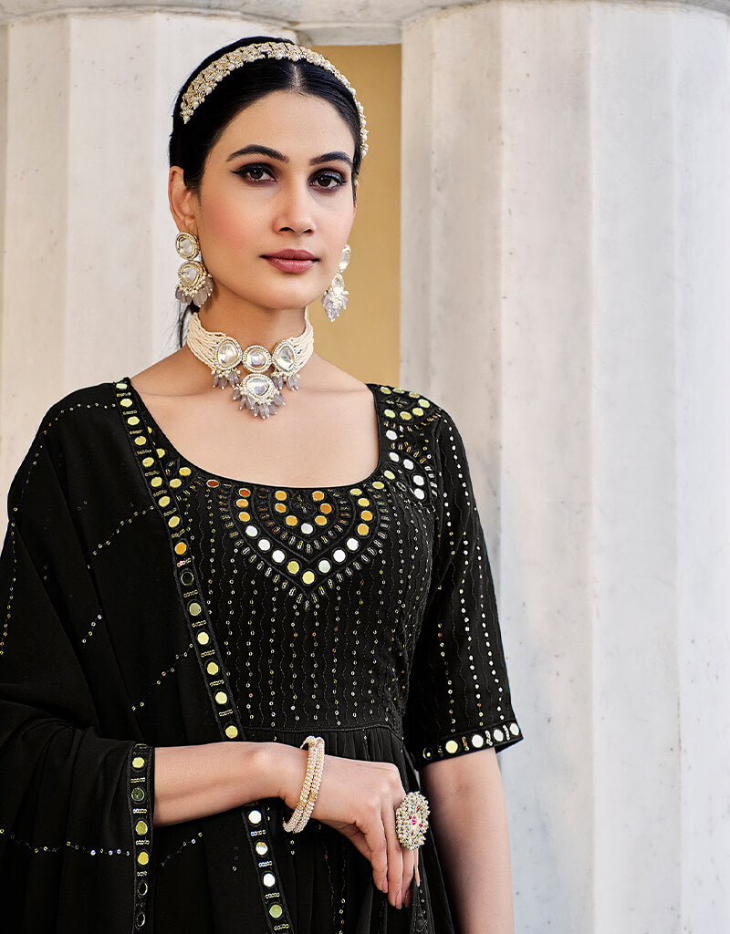 Elegant Black Georgette Palazzo Anarkali Dress for Women - Perfect for Parties, Weddings & Festive Occasions