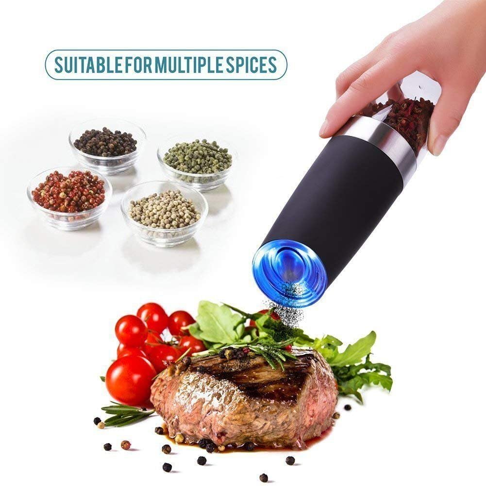 Premium Electric Gravity Pepper & Salt Grinder Set - Adjustable Coarseness, Battery Powered with LED Light - Stainless Steel Mill with Stand (Black/Blue) - Perfect for Kitchen, Dining Table & Gourmet Cooking