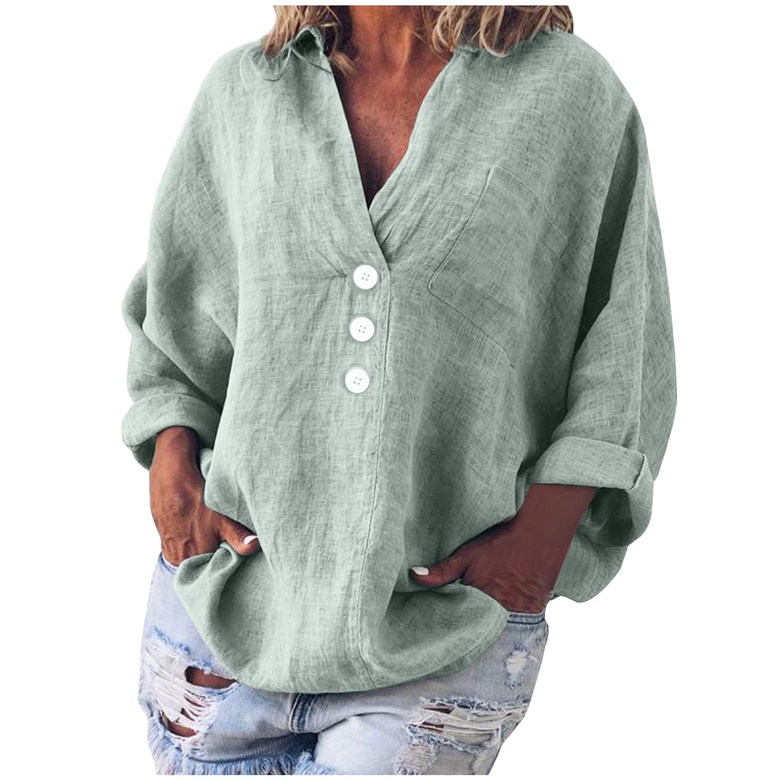 Plus Size Women's Long Sleeve V-Neck Linen Shirt - Casual Loose Oversized Pullover Blouse for Everyday Wear & Going Out | Comfortable & Stylish Top for Work, Travel & Date Nights