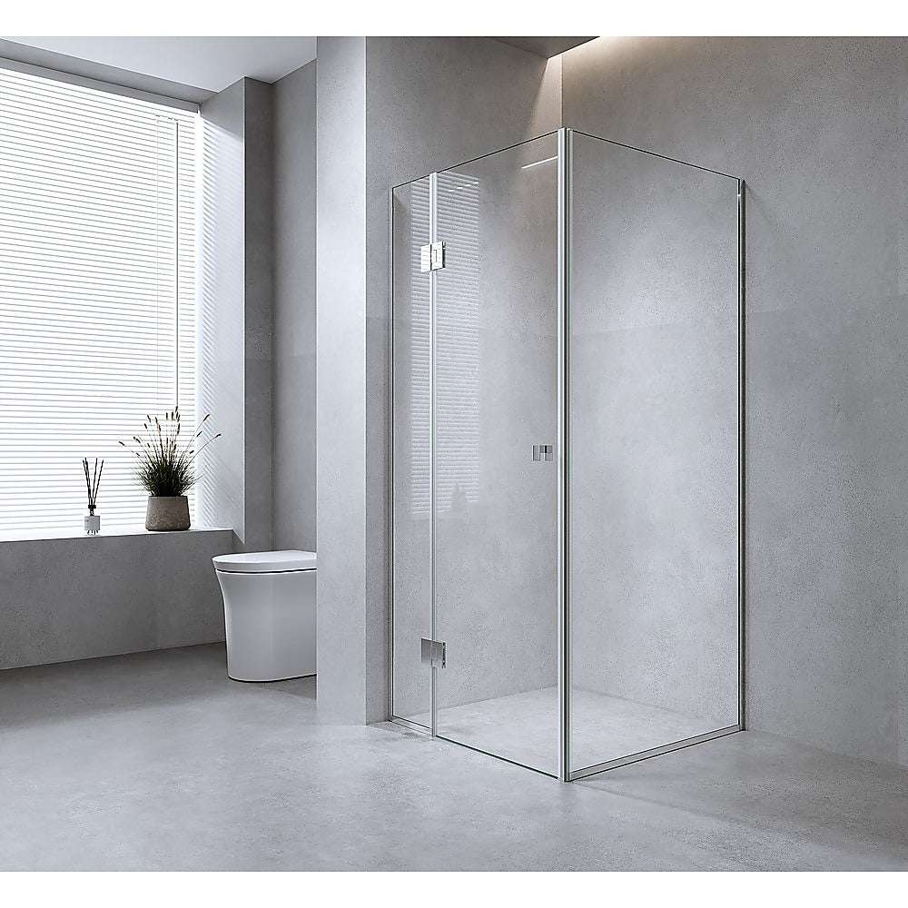 120x110cm Frameless Shower Screen with Black Channel & Stainless Steel Hinges - Square Knob Handle for Modern Bathroom - Perfect for Corner Installation, Waterproof & Durable Glass Enclosure