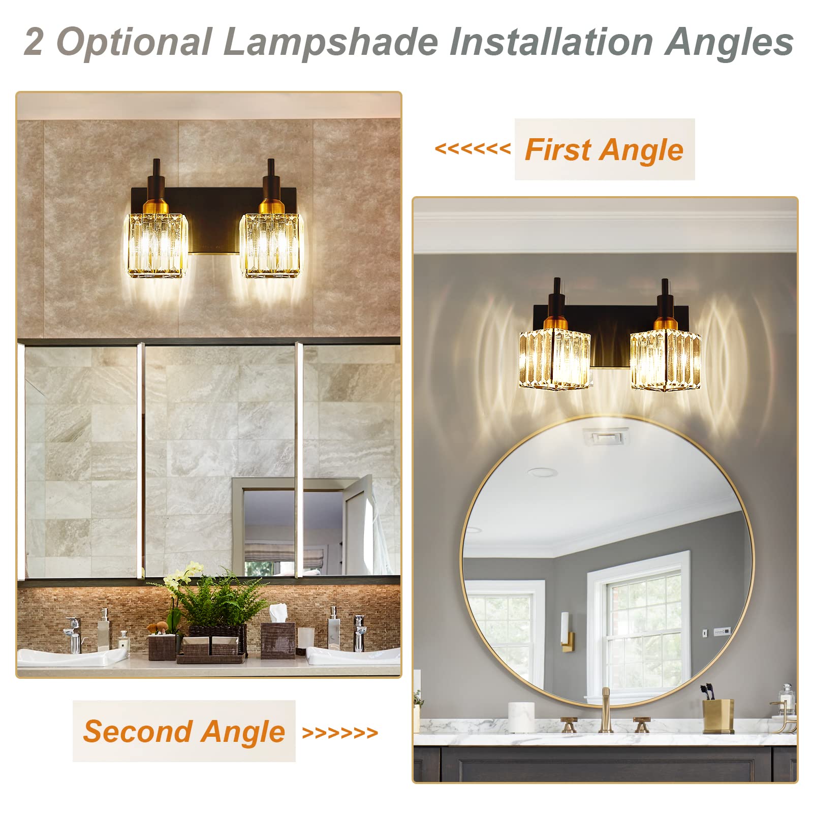 Modern Crystal Bathroom Vanity Light - 2-Light Black & Gold Adjustable Wall Sconce for Mirror Lighting, Bathroom Decor - Perfect for Master Bath, Powder Room & Spa Style Vanity Areas