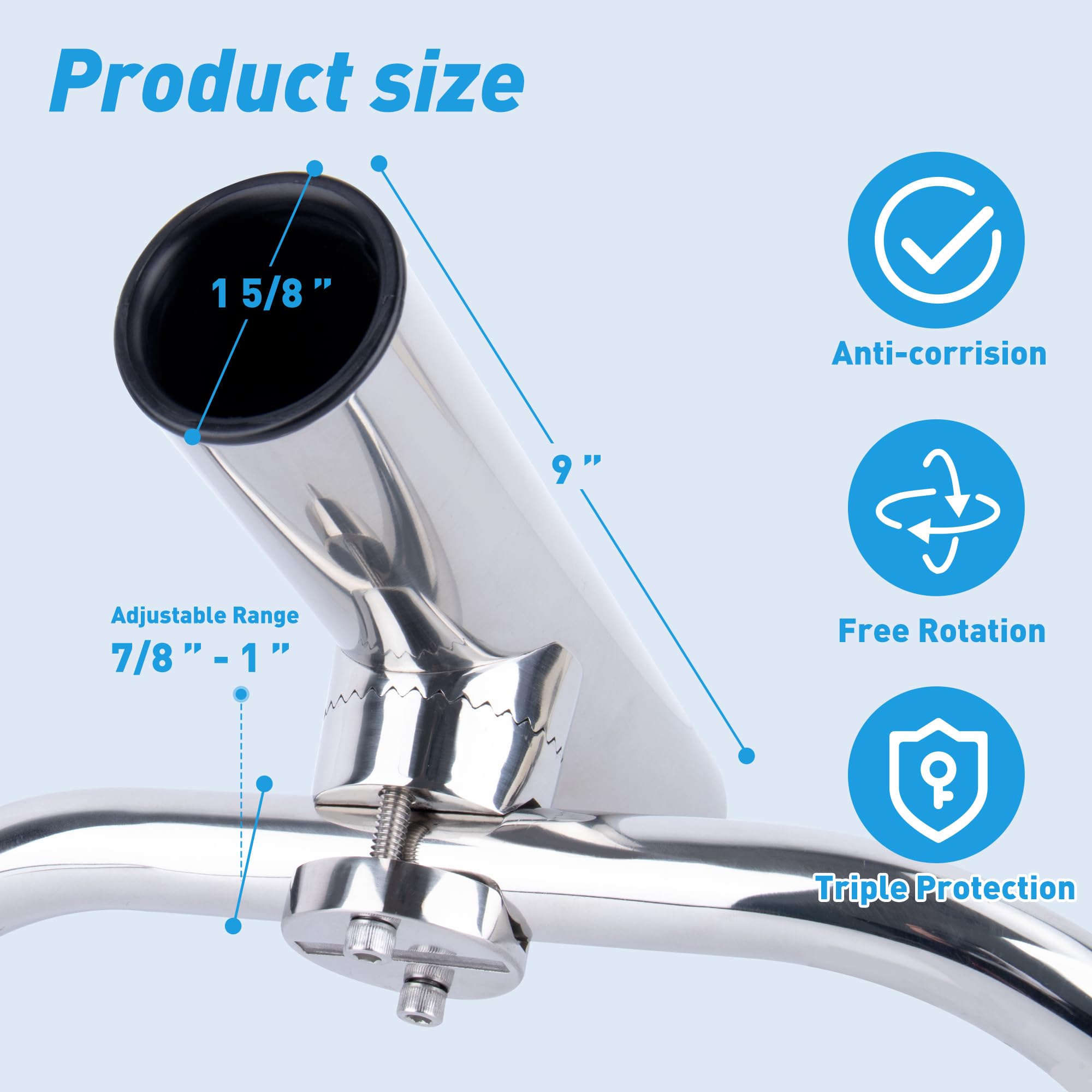 2 Pack Stainless Steel Fishing Rod Holders for Boat Rail Mount - Heavy Duty Clamp-On Marine Rod Holder for Fishing Boat, Pontoon, Jon Boat - Perfect for Saltwater & Freshwater Fishing Trips