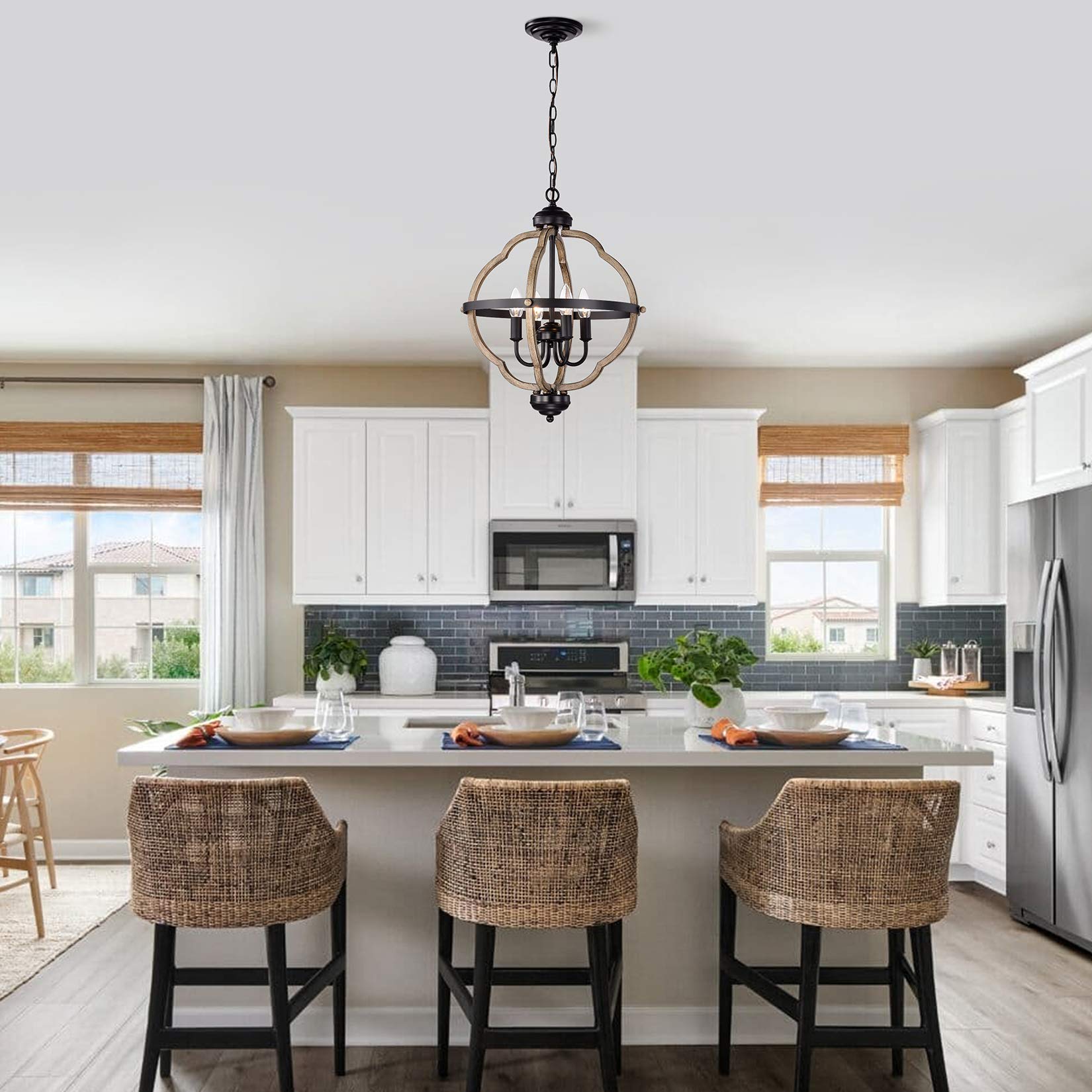 Matte Black Farmhouse Chandelier - 4-Light Adjustable Pendant Lighting with Wood Grain Finish | Industrial Ceiling Light for Kitchen Island, Dining Room, Living Room, Foyer & Entryway | Perfect for Rustic Home Decor and Open Concept Spaces