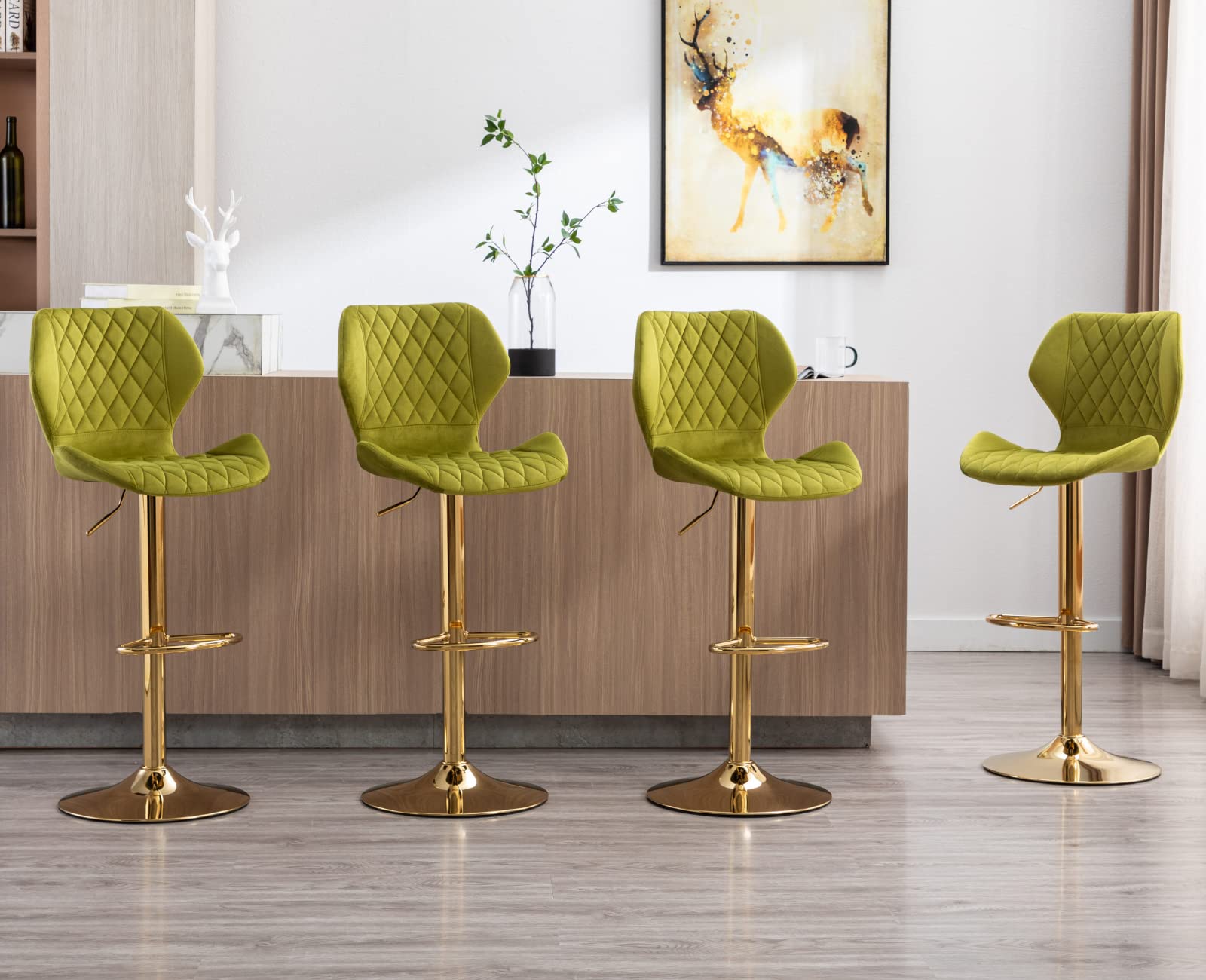 EALSON Velvet Bar Stools Set of 4 - Modern Swivel Counter Height Bar Chairs with Back & Gold Base - Adjustable Kitchen Island Stools for Home Bar, Dining Room, Restaurant & Cafe - Green Velvet Upholstery