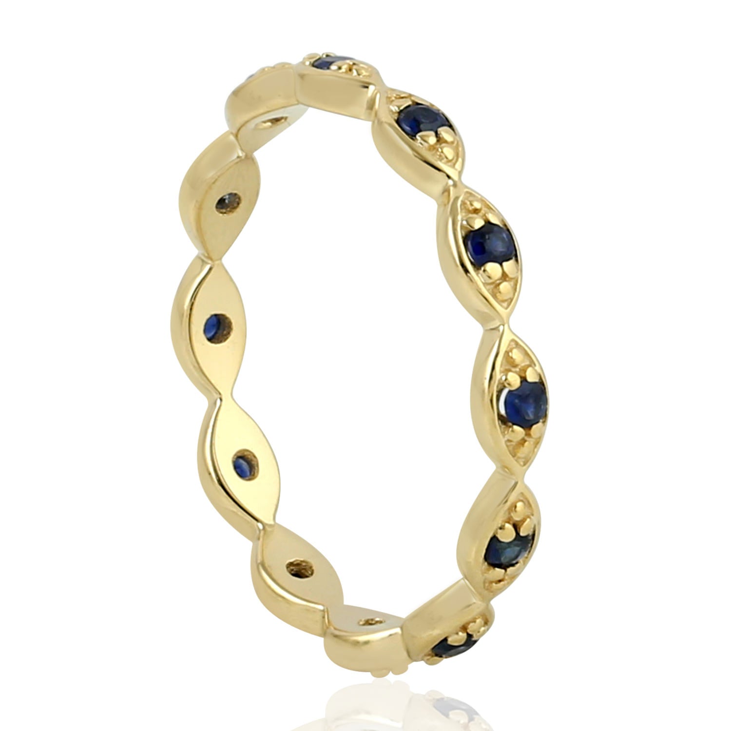 14K Yellow Gold Prong Set Blue Sapphire Gemstone Designer Band Ring for Women - Elegant Wedding, Engagement, Anniversary Jewelry Gift