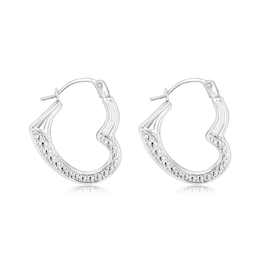 9ct White Gold Open Heart Half Patterned Creole Earrings for Women - Elegant Dangling Hoop Earrings for Date Night & Special Occasions