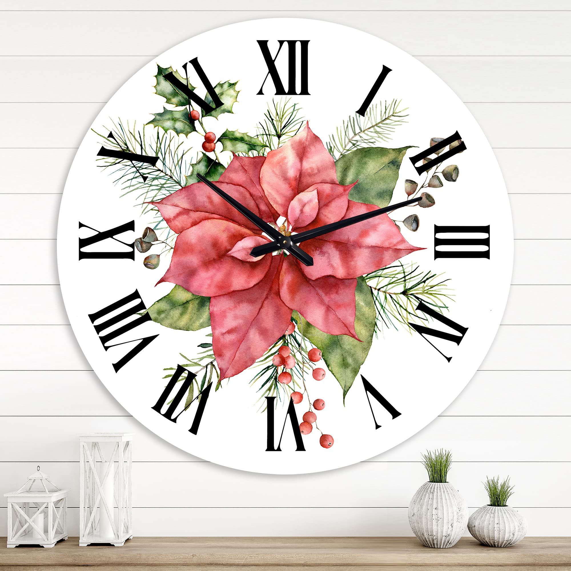 Traditional Wall Clock 'Holly Mistletoe Berries & Christmas Fir Branch II' - Large Floral Botanical Wall Clock for Home, Office & Living Room Decor - Perfect for Holiday, Christmas & Winter Home Decoration